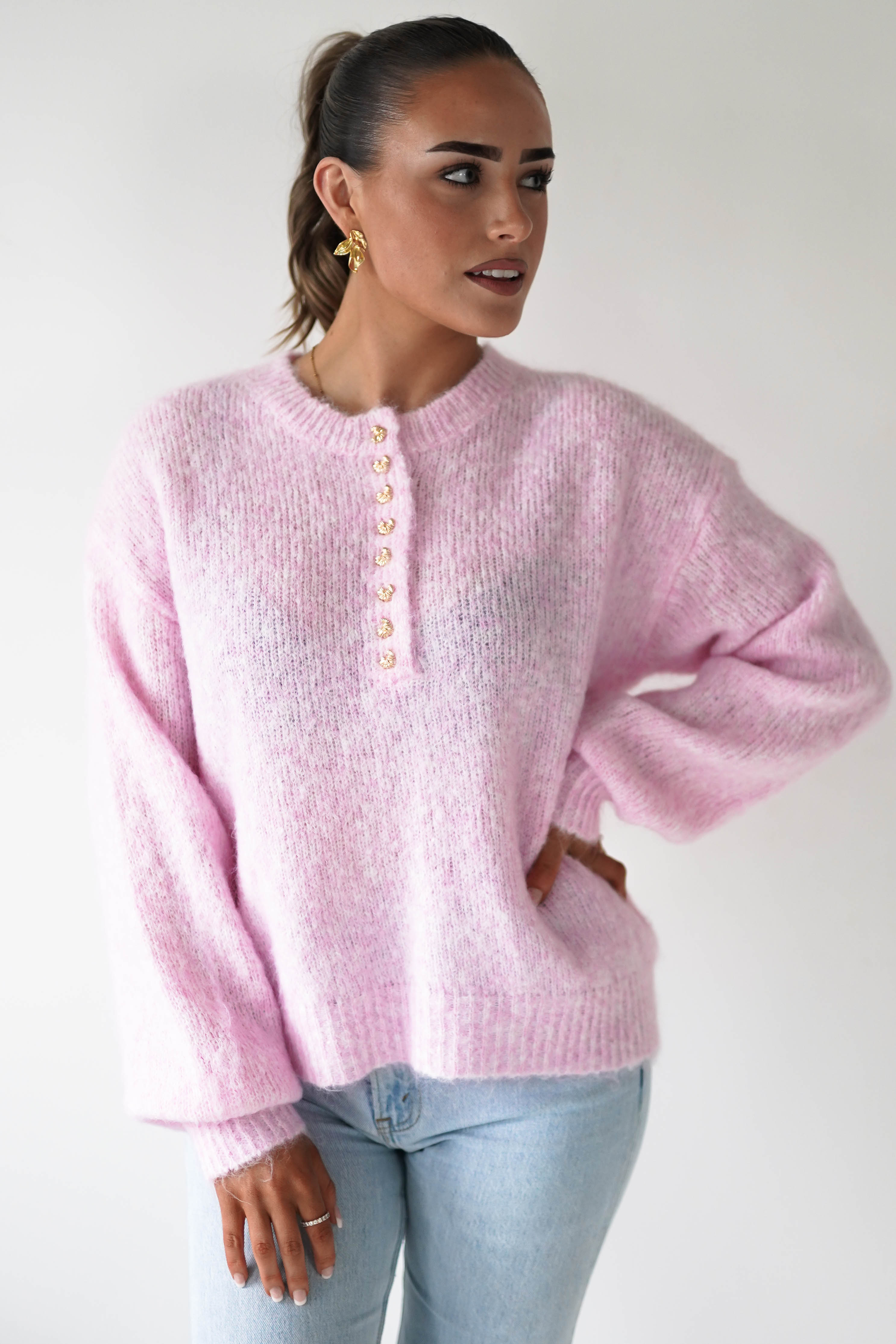 Oh Hello Clothing Women > Clothing > Knitwear ONE SIZE (6/12) Calix Button Detail Knit Jumper | Pink