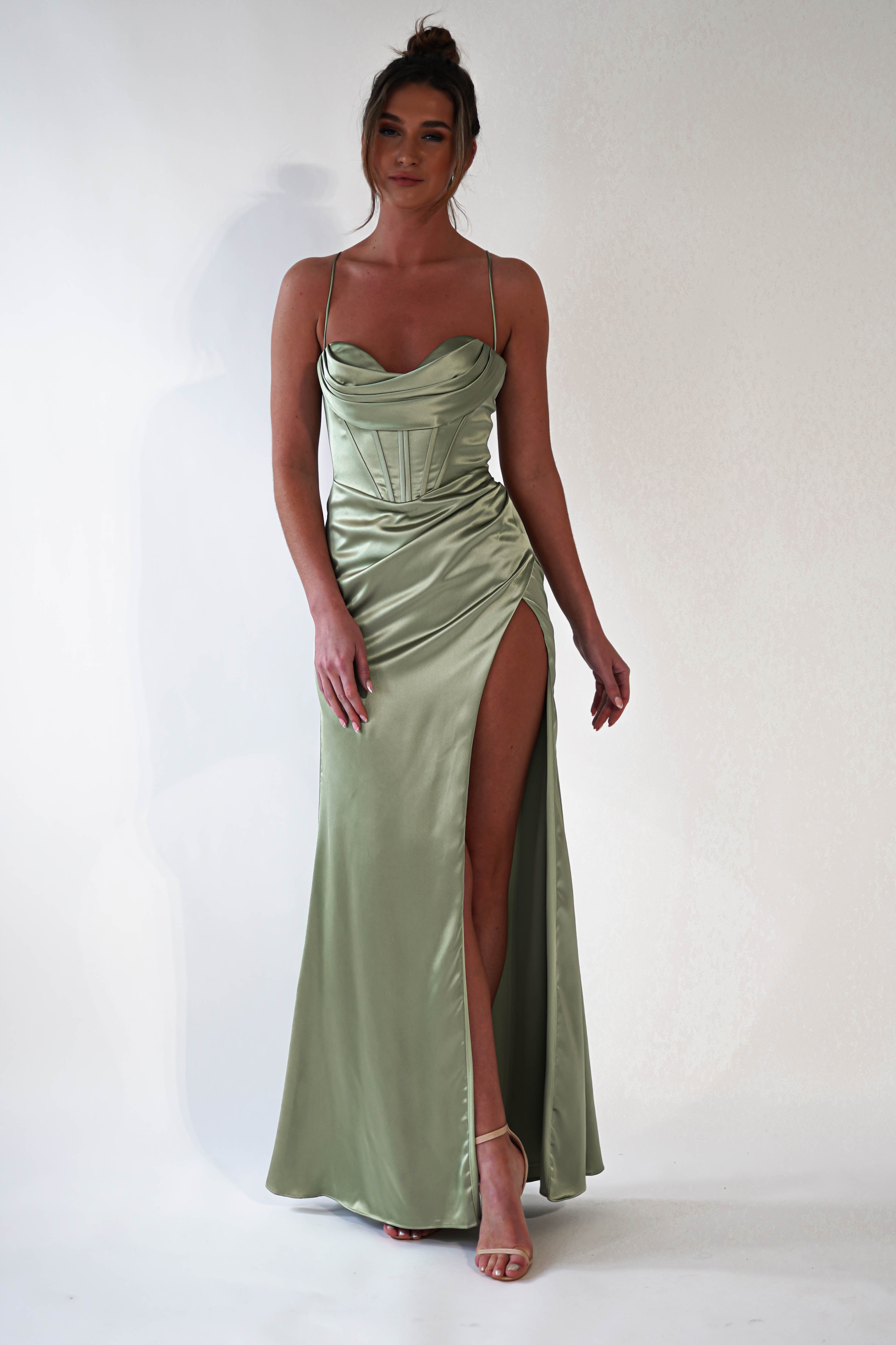 Julianne Corset Satin Gown | Sage - Oh Hello Clothing