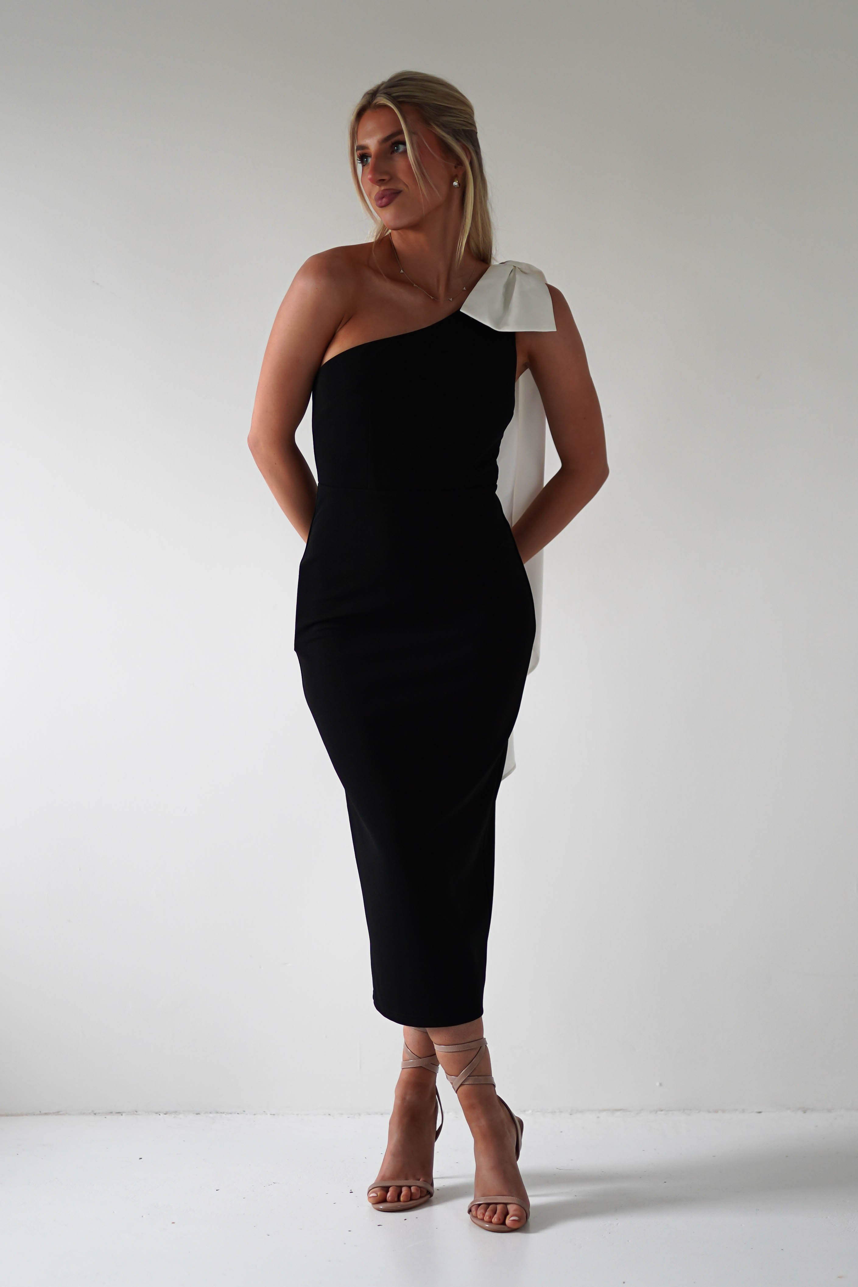 Camella Bodycon Bow Detail Midi Dress | Black | Oh Hello Clothing | XS (6)