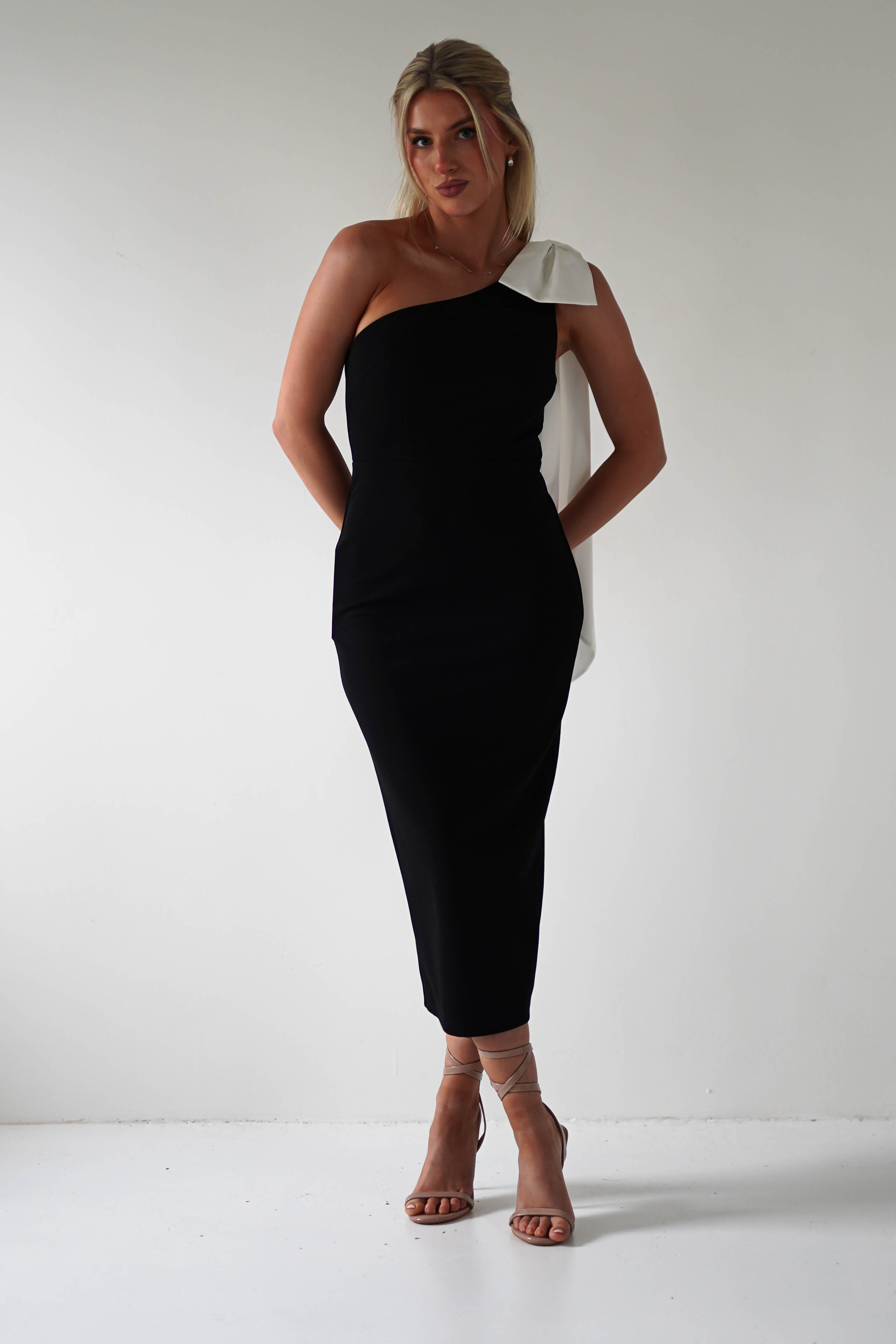 Camella Bodycon Bow Detail Midi Dress | Black | Oh Hello Clothing | XS (6)