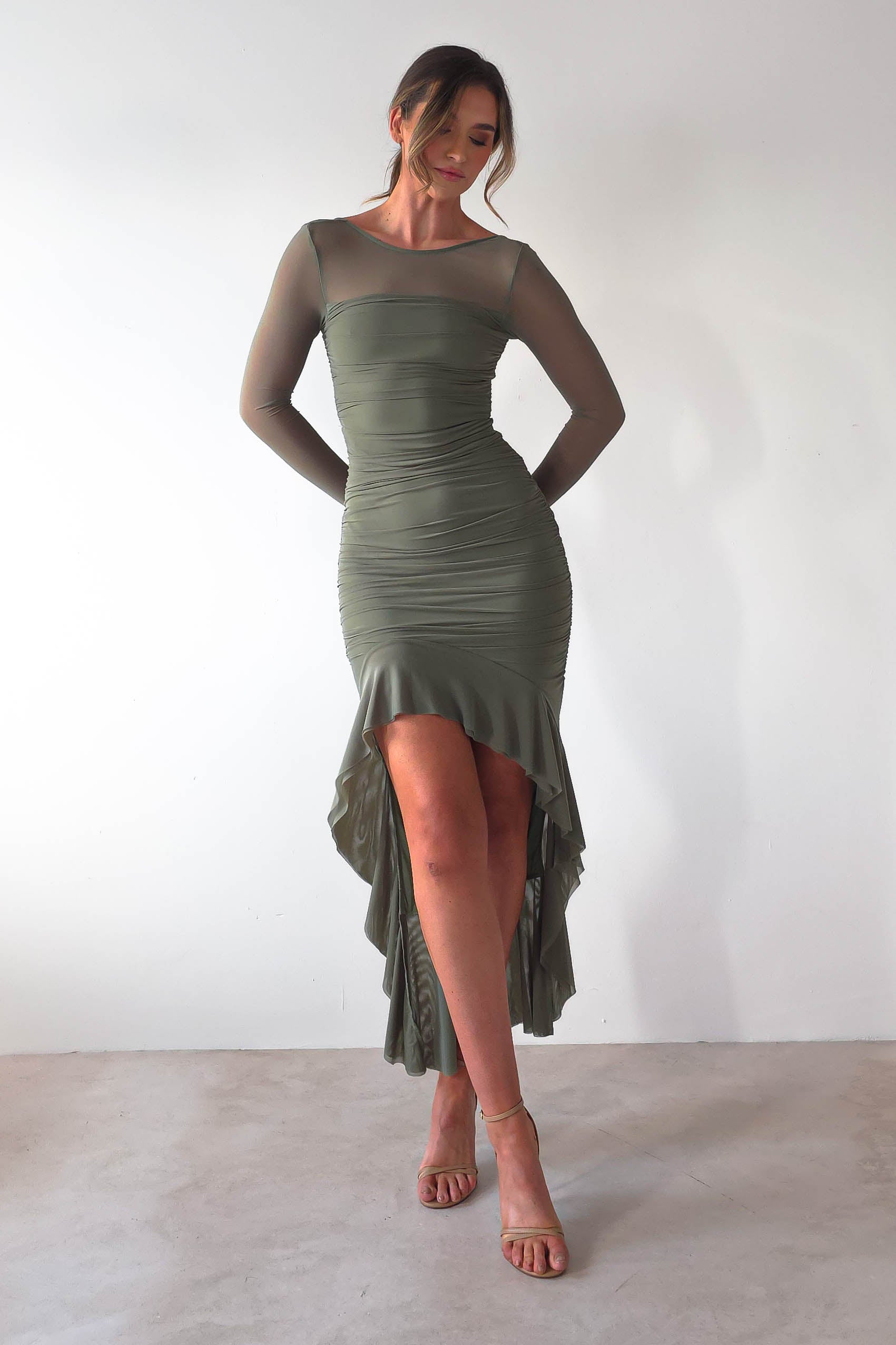Carlson Mesh Midaxi Dress | Olive | Oh Hello Clothing | XS (6)