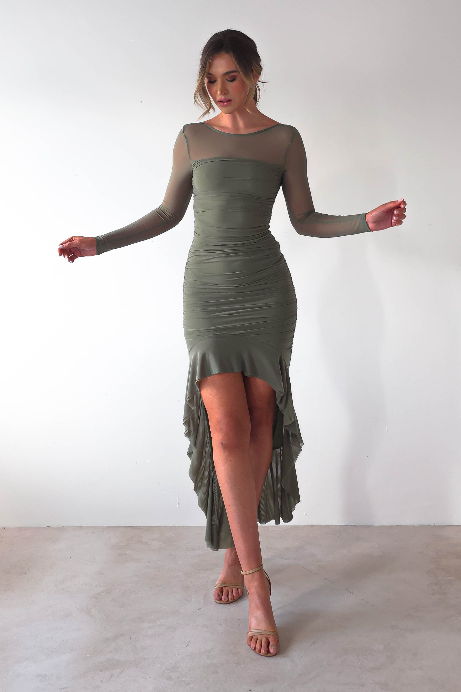Carlson Mesh Midaxi Dress | Olive | Oh Hello Clothing | XS (6)