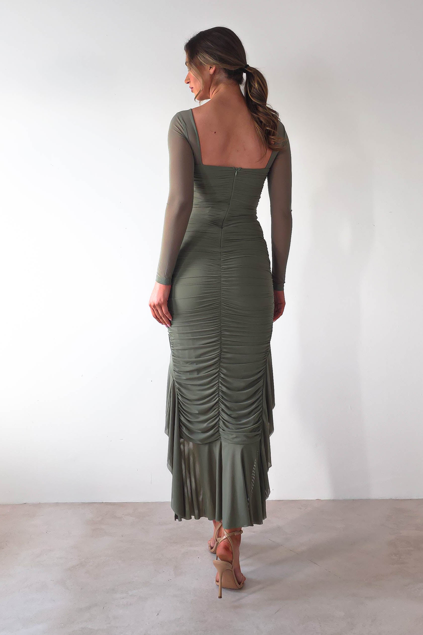 Carlson Mesh Midaxi Dress | Olive | Oh Hello Clothing | XS (6)