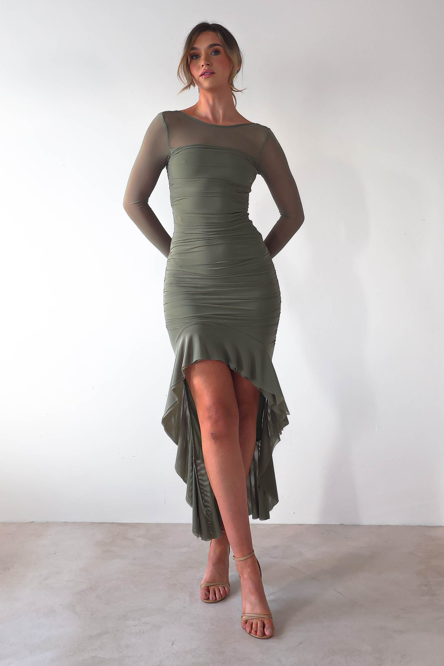 Carlson Mesh Midaxi Dress | Olive | Oh Hello Clothing | XS (6)