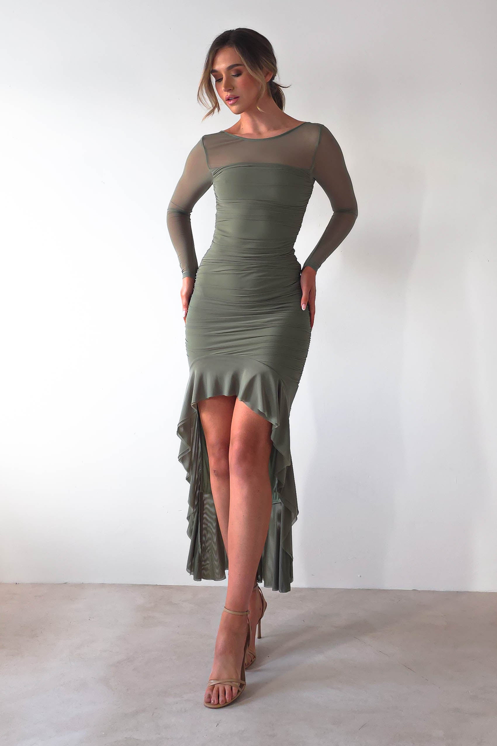 Carlson Mesh Midaxi Dress | Olive | Oh Hello Clothing | XS (6)