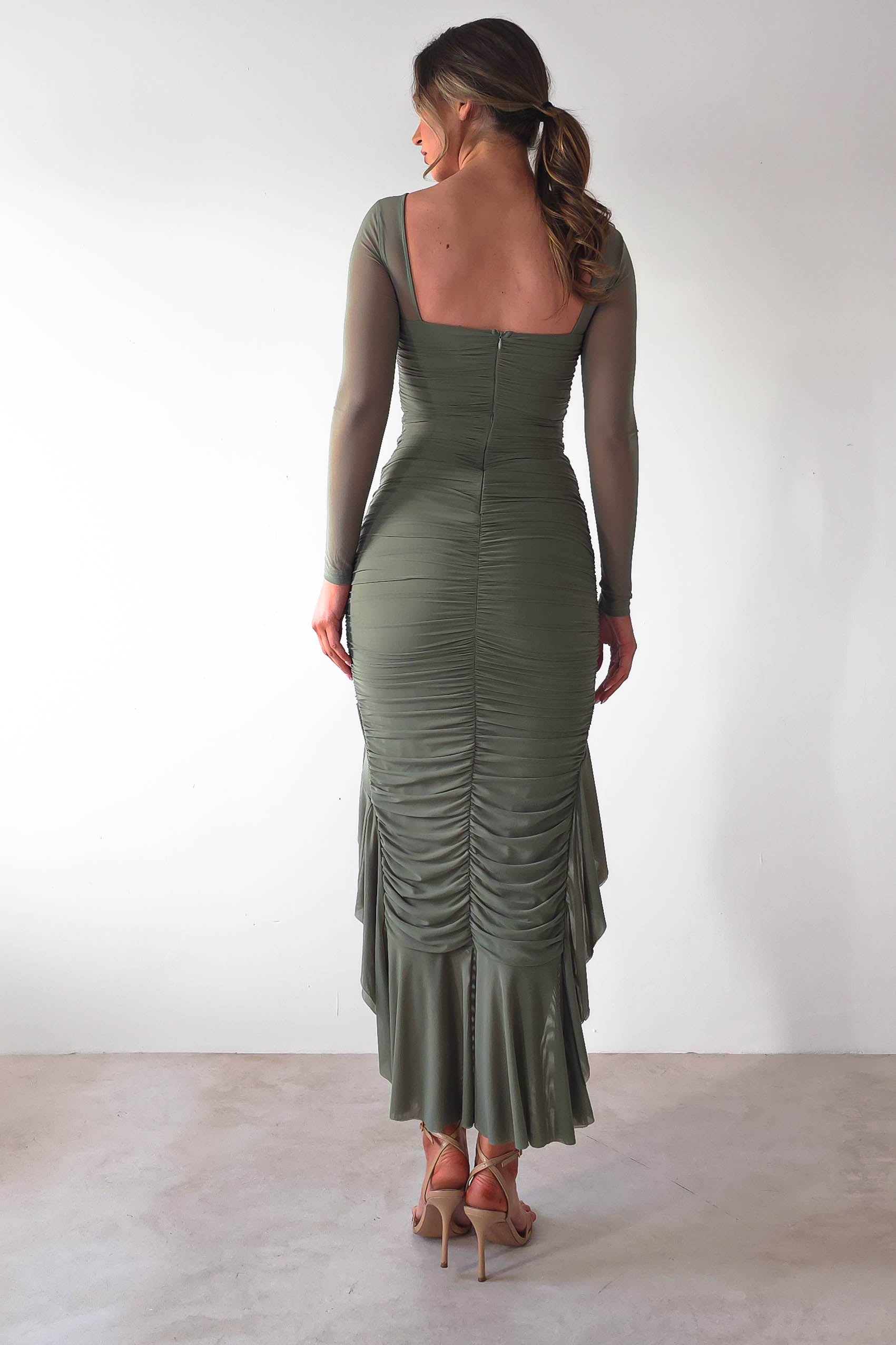 Carlson Mesh Midaxi Dress | Olive | Oh Hello Clothing | XS (6)