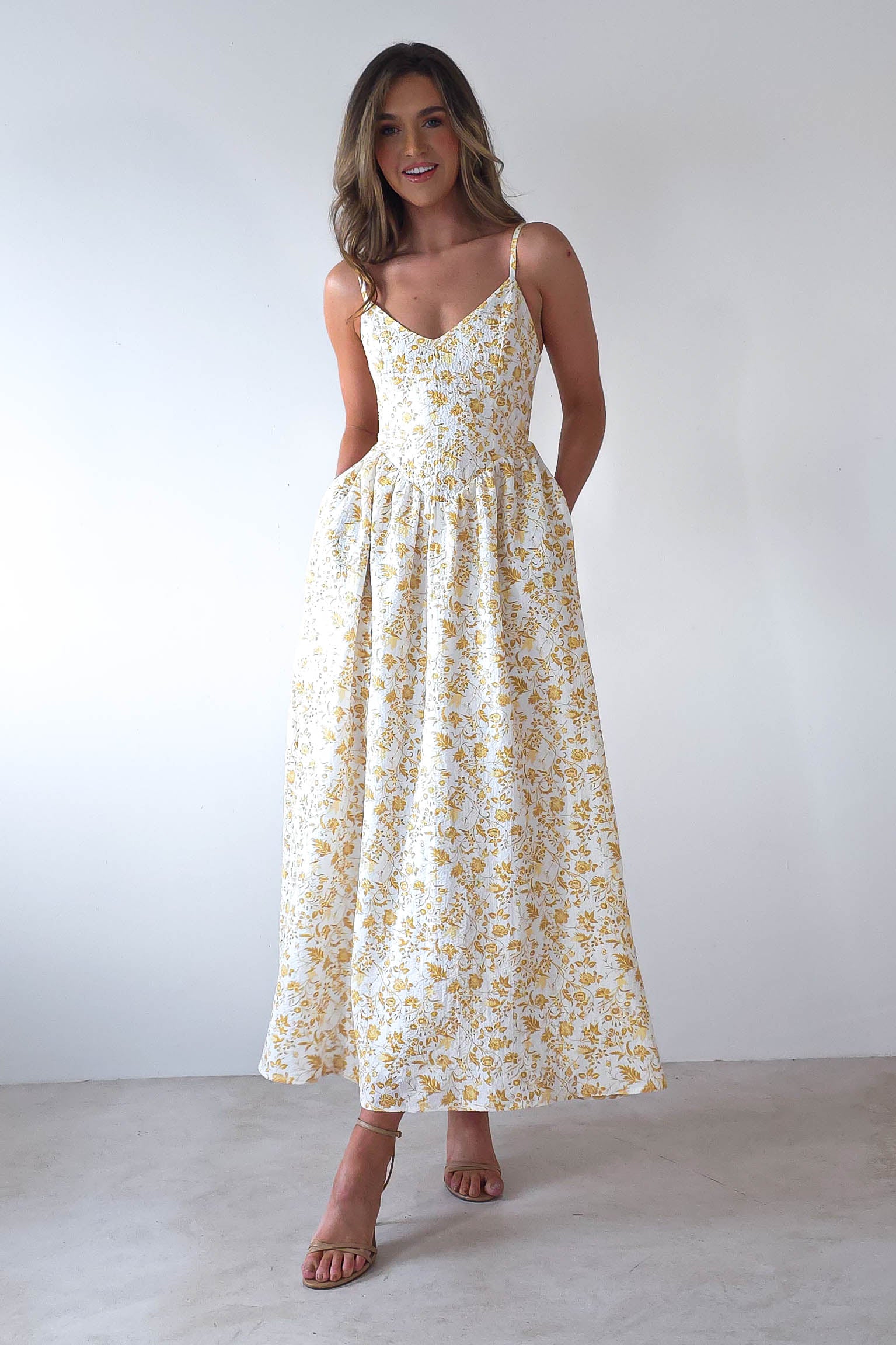 Carolyn Floral Print Maxi Dress | Yellow Print | Oh Hello Clothing | XS (6)