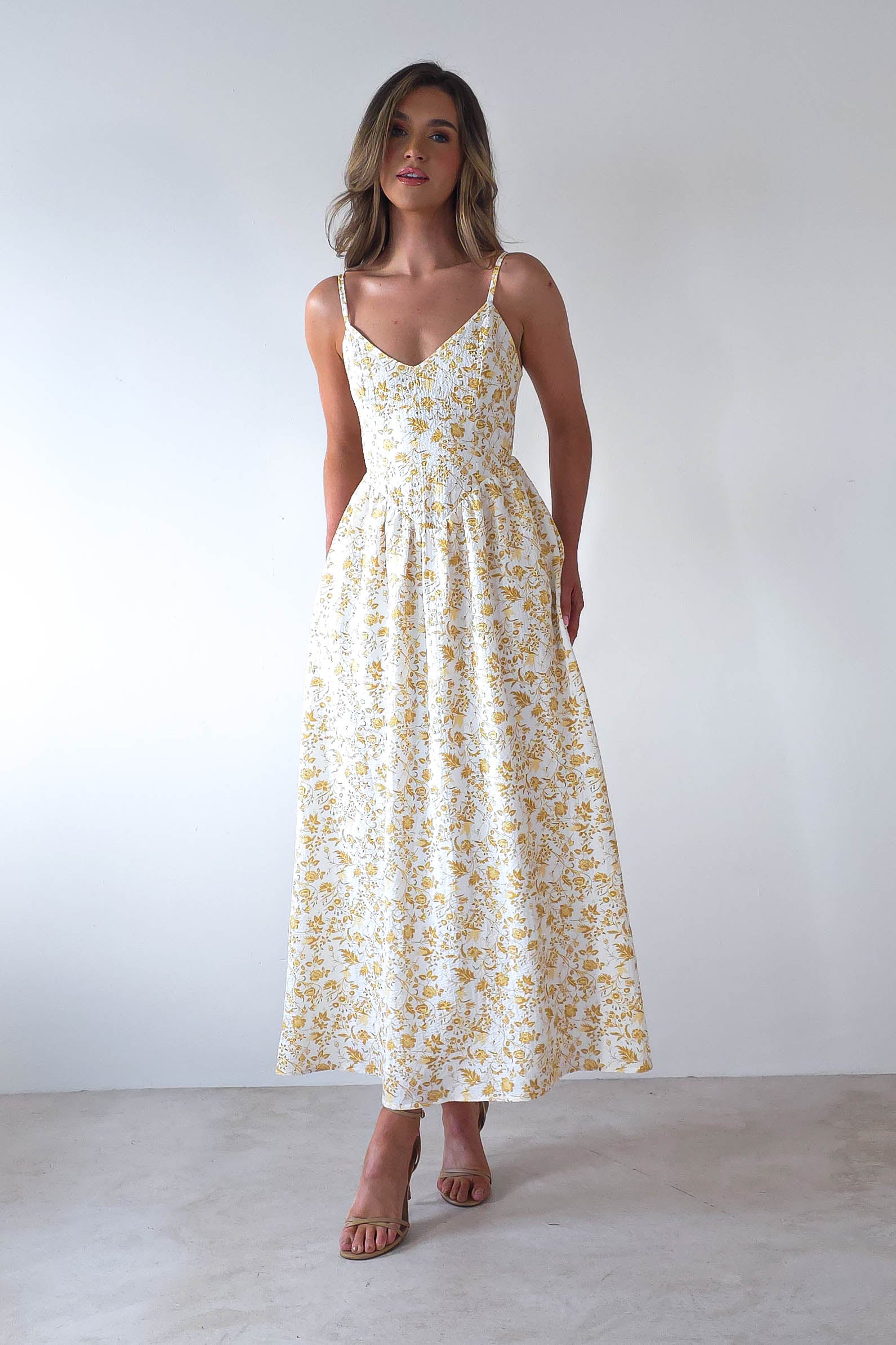 Carolyn Floral Print Maxi Dress | Yellow Print | Oh Hello Clothing | XS (6)