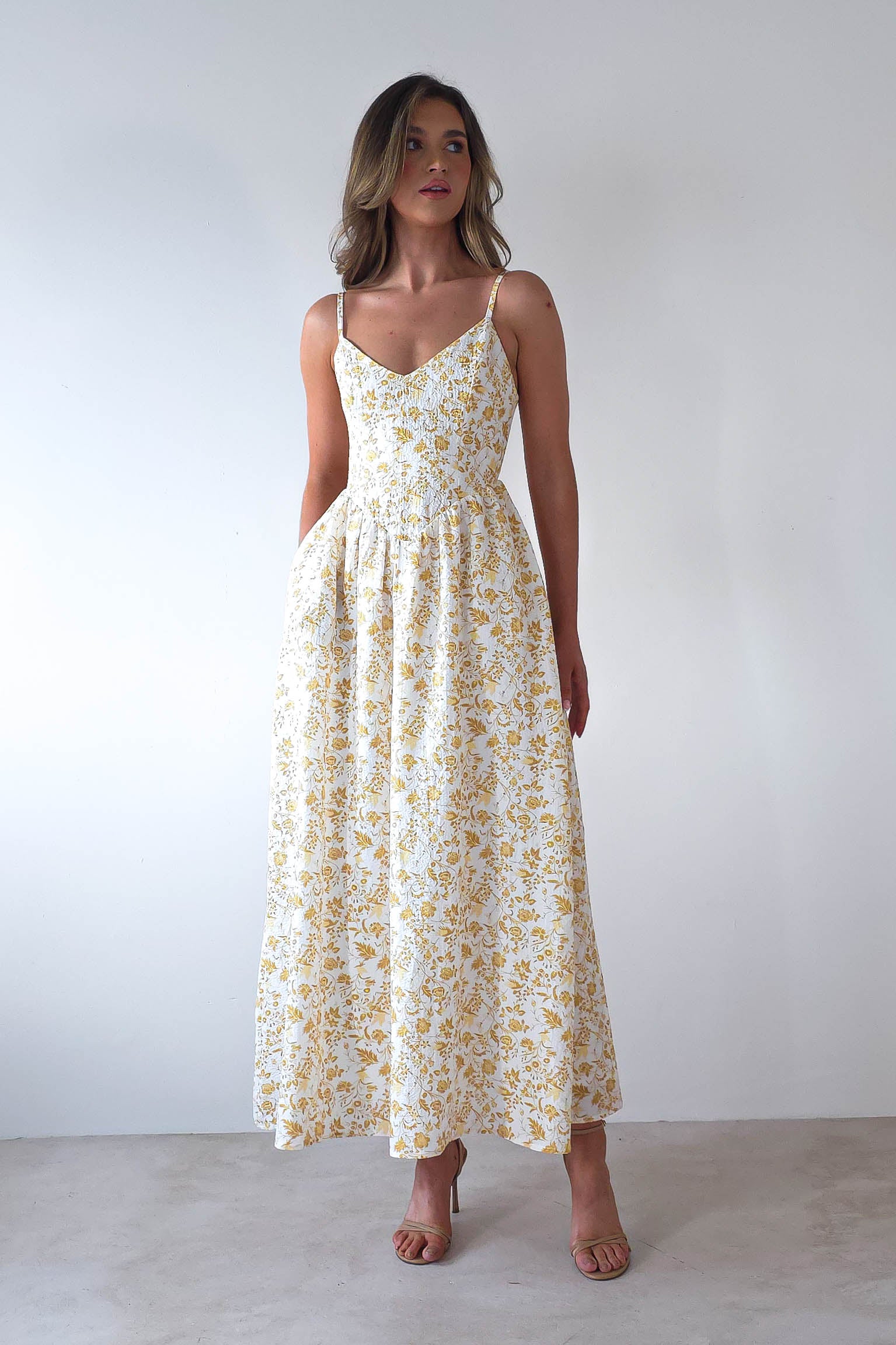 Carolyn Floral Print Maxi Dress | Yellow Print | Oh Hello Clothing | XS (6)