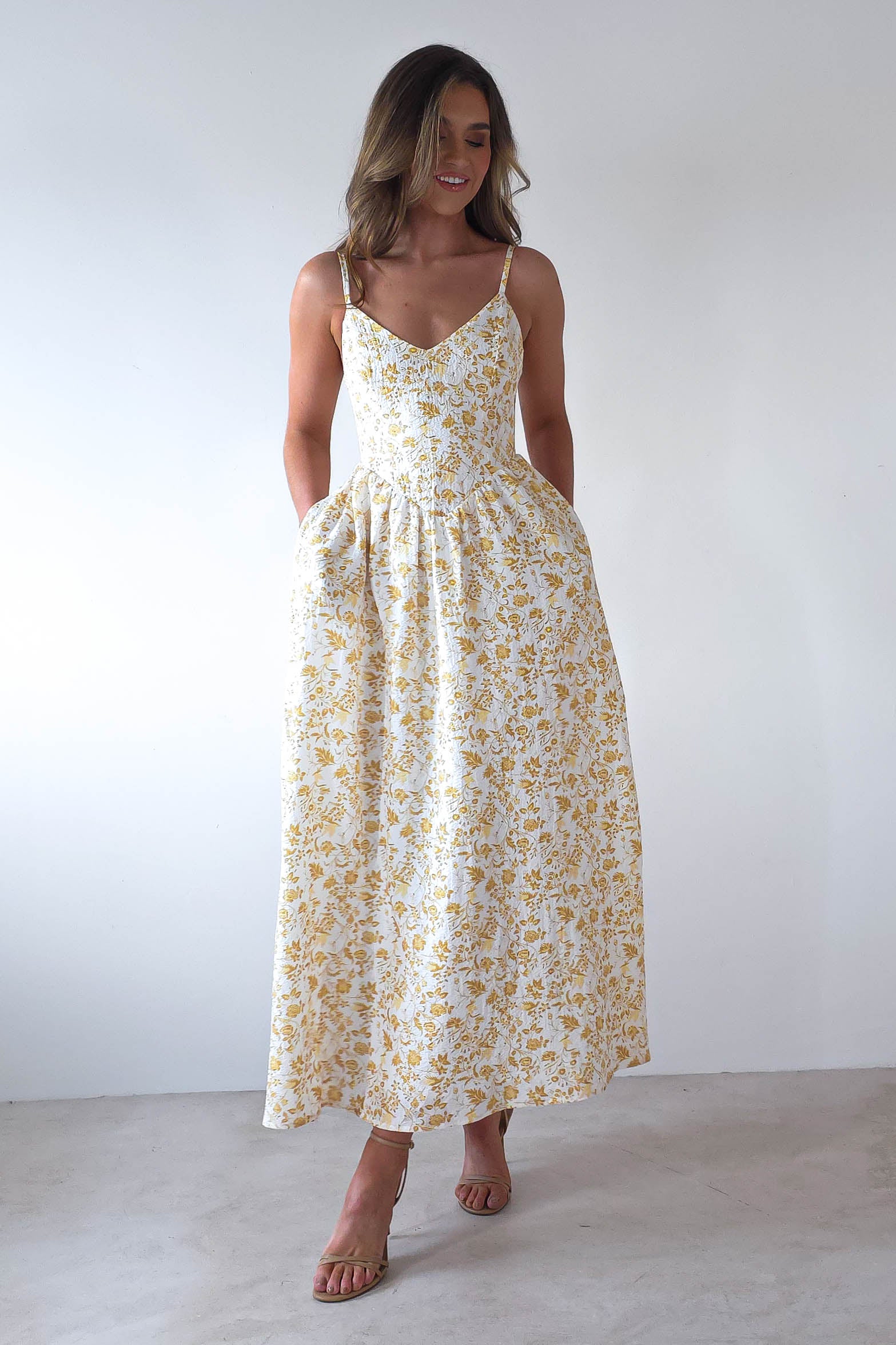 Carolyn Floral Print Maxi Dress | Yellow Print | Oh Hello Clothing | XS (6)