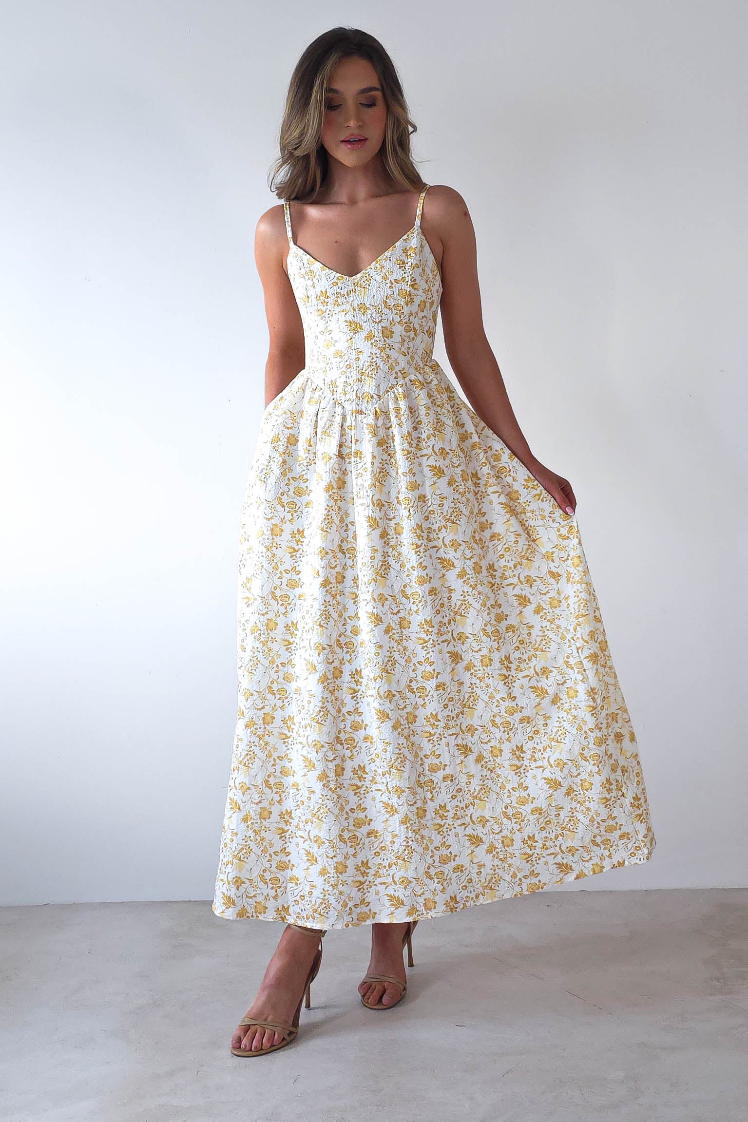 Carolyn Floral Print Maxi Dress | Yellow Print | Oh Hello Clothing | XS (6)