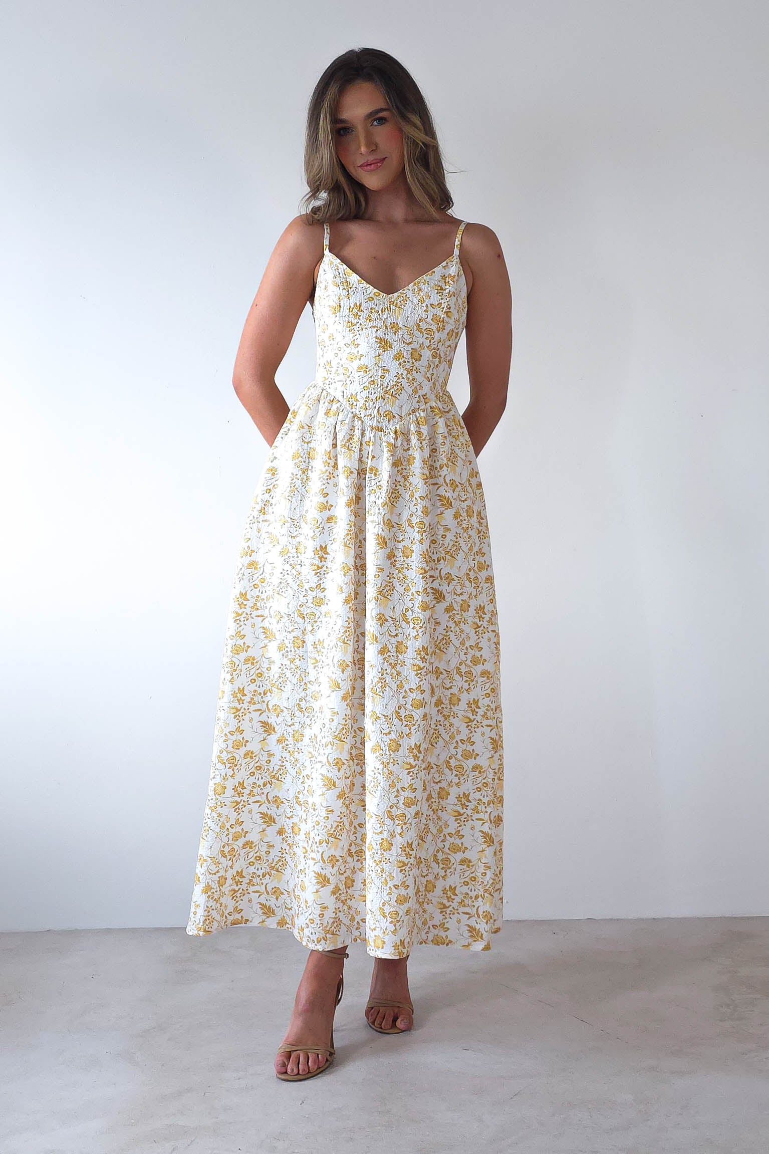 Carolyn Floral Print Maxi Dress | Yellow Print | Oh Hello Clothing | XS (6)