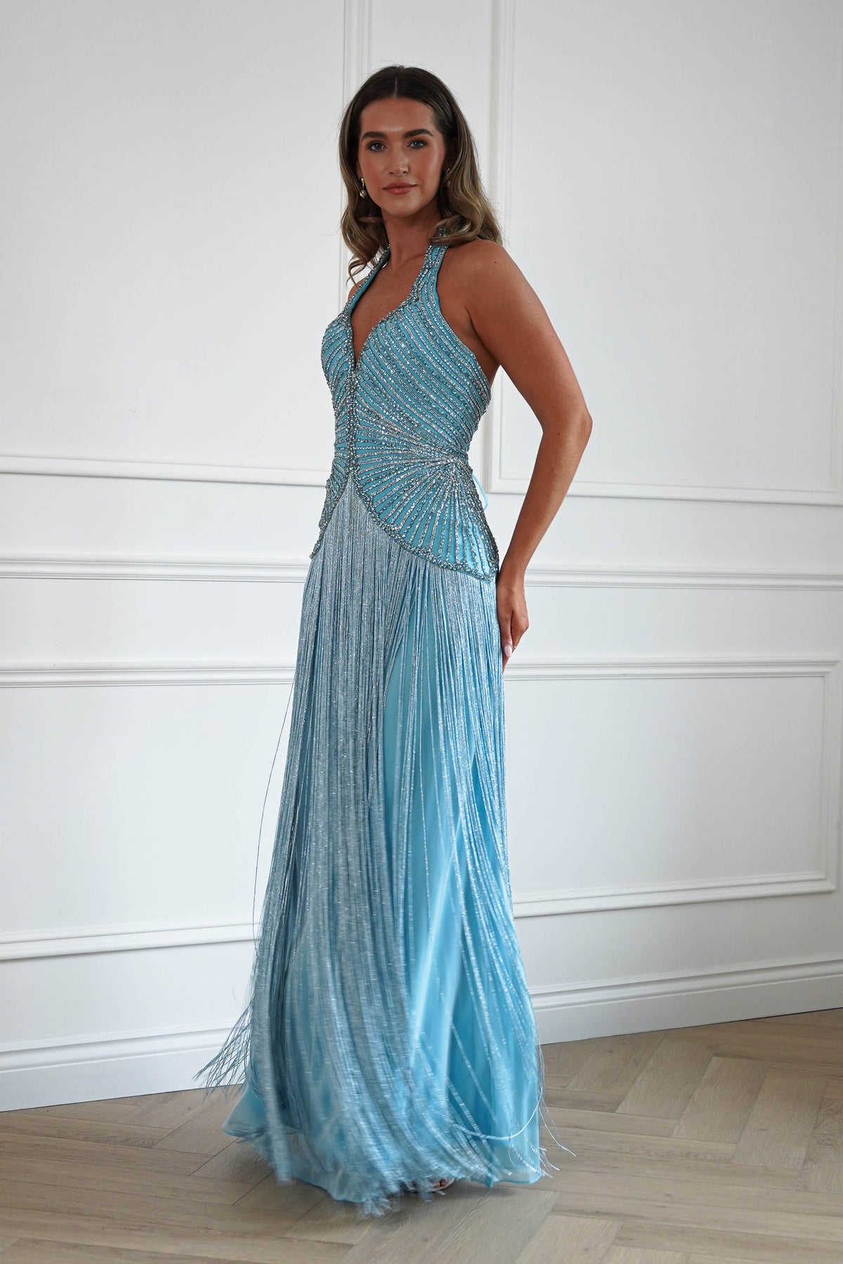 Oh Hello Clothing Women > Clothing > Dresses Cary Crystal Embellished Fringe Gown | Blue