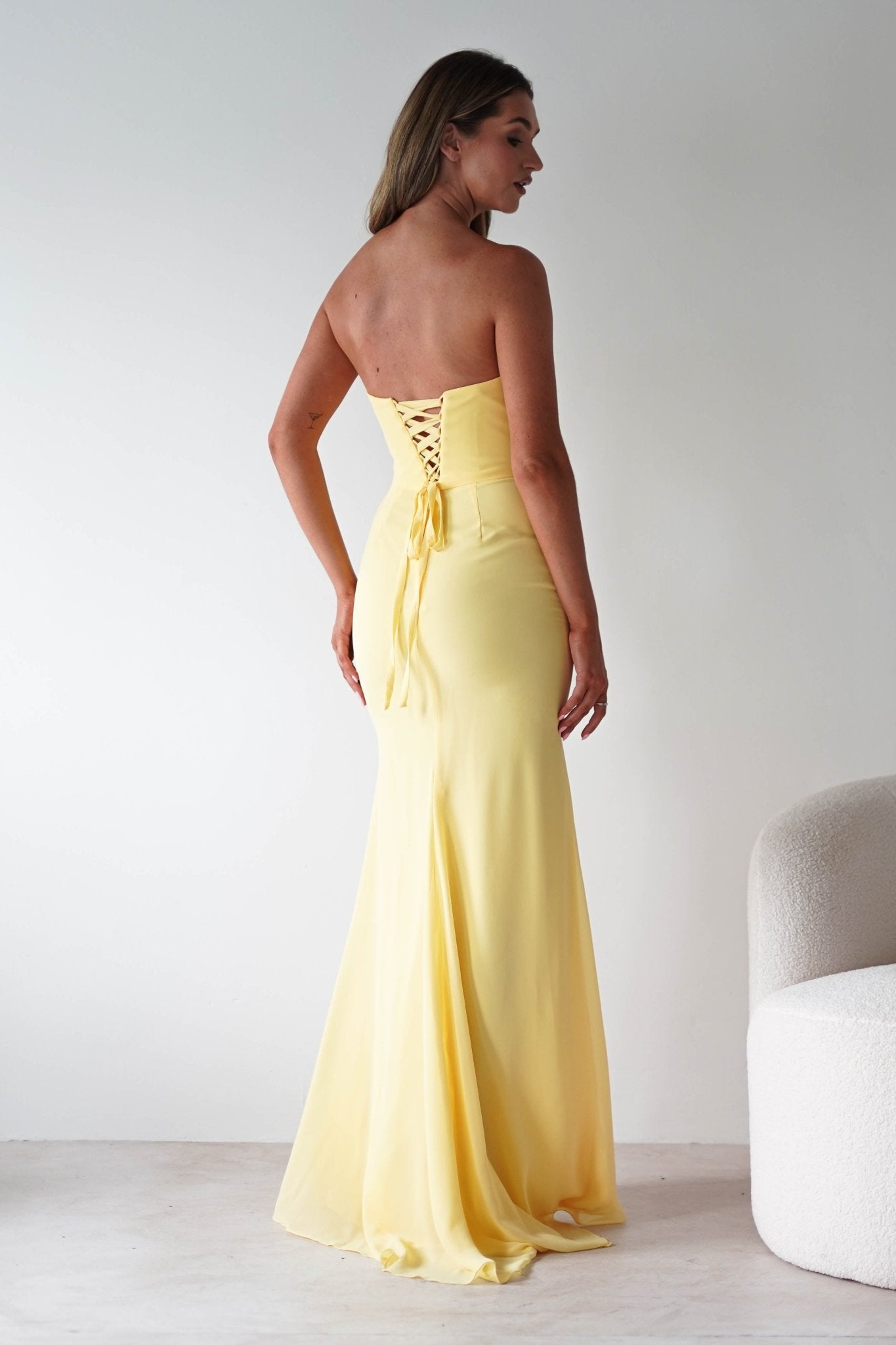 Caterina Strapless Chiffon Maxi Dress | Yellow | Oh Hello Clothing | XS (6)