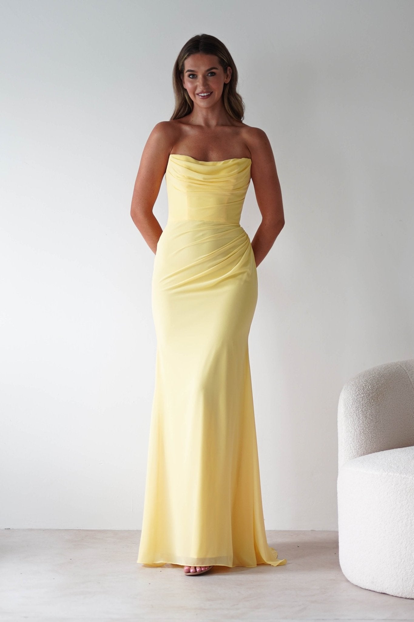 Caterina Strapless Chiffon Maxi Dress | Yellow | Oh Hello Clothing | XS (6)