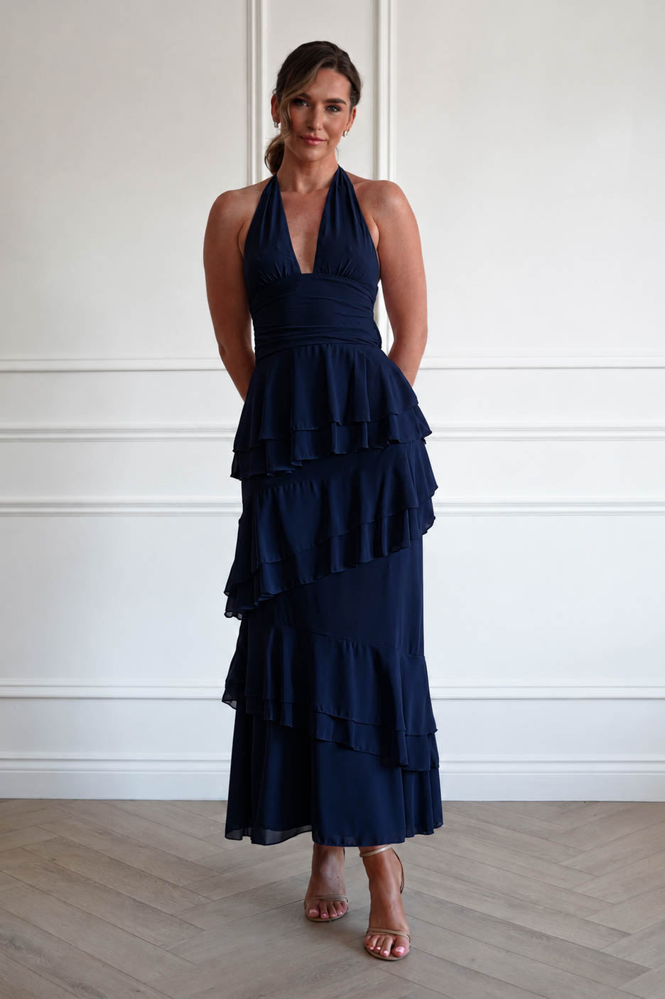 Oh Hello Clothing Women > Clothing > Dresses Caterina Tiered Halter Maxi Dress | Navy