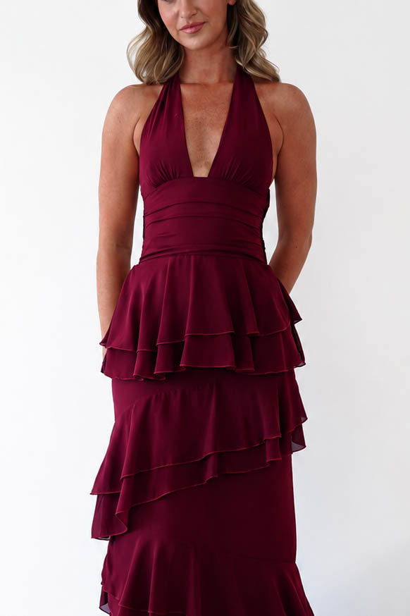 Oh Hello Clothing Women > Clothing > Dresses Caterina Tiered Halter Maxi Dress | Wine