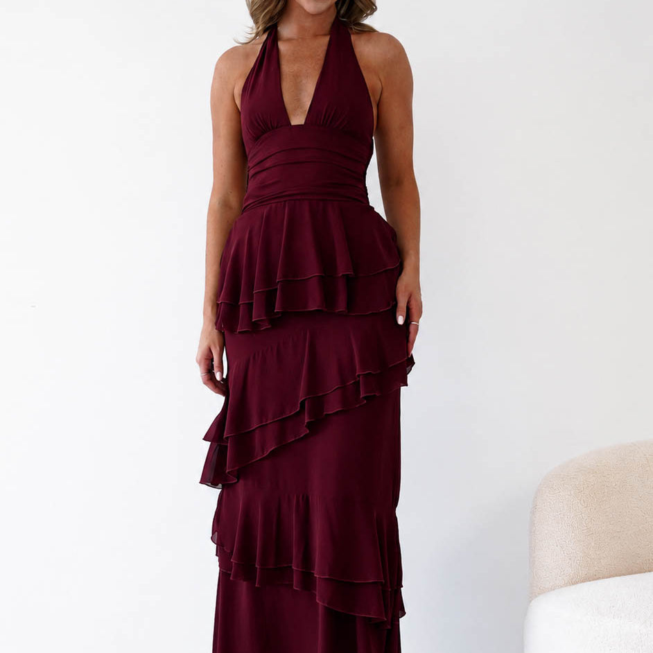 Oh Hello Clothing Women > Clothing > Dresses Caterina Tiered Halter Maxi Dress | Wine