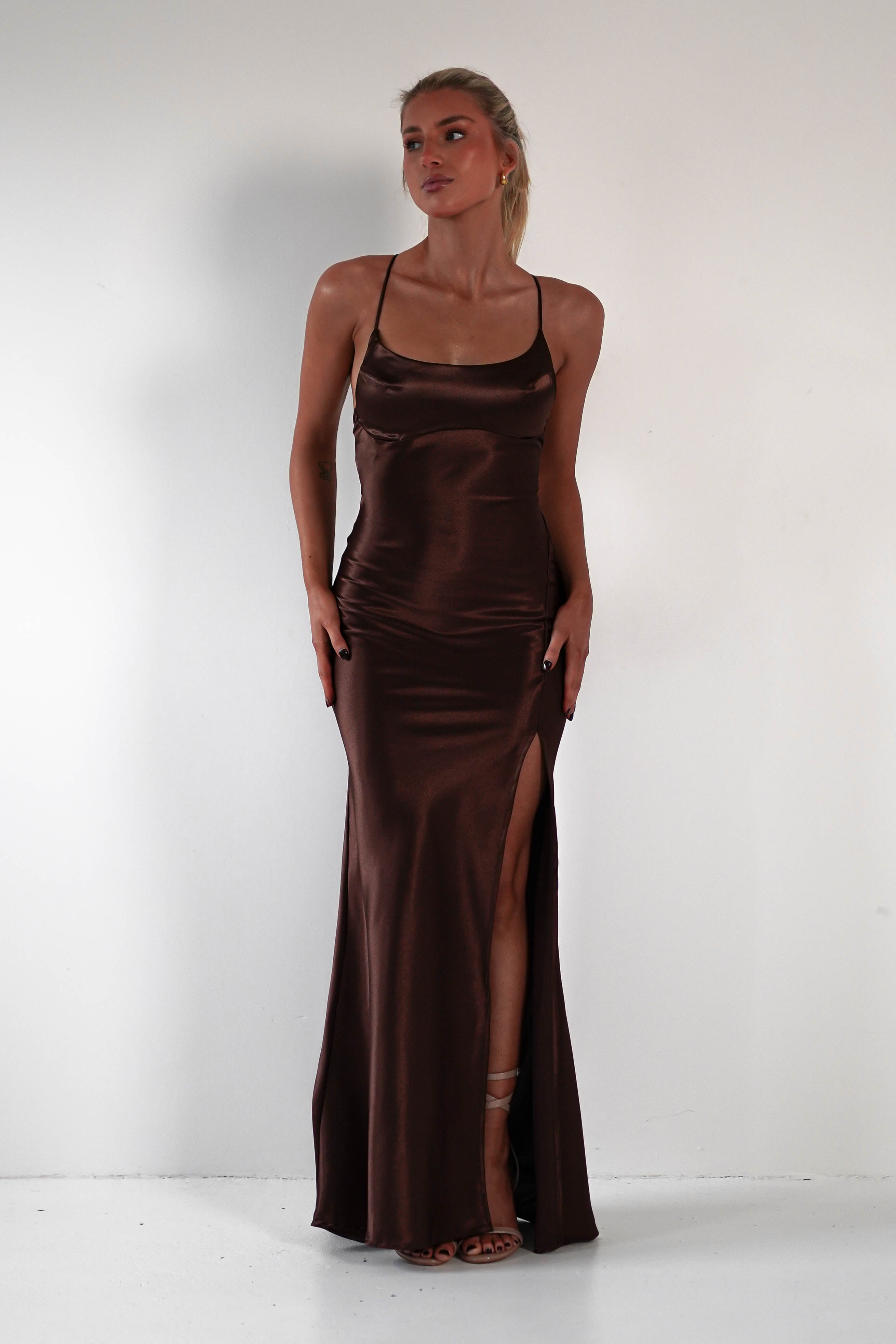 Celinee Satin Maxi Gown | Brown | Oh Hello Clothing | XS (6)