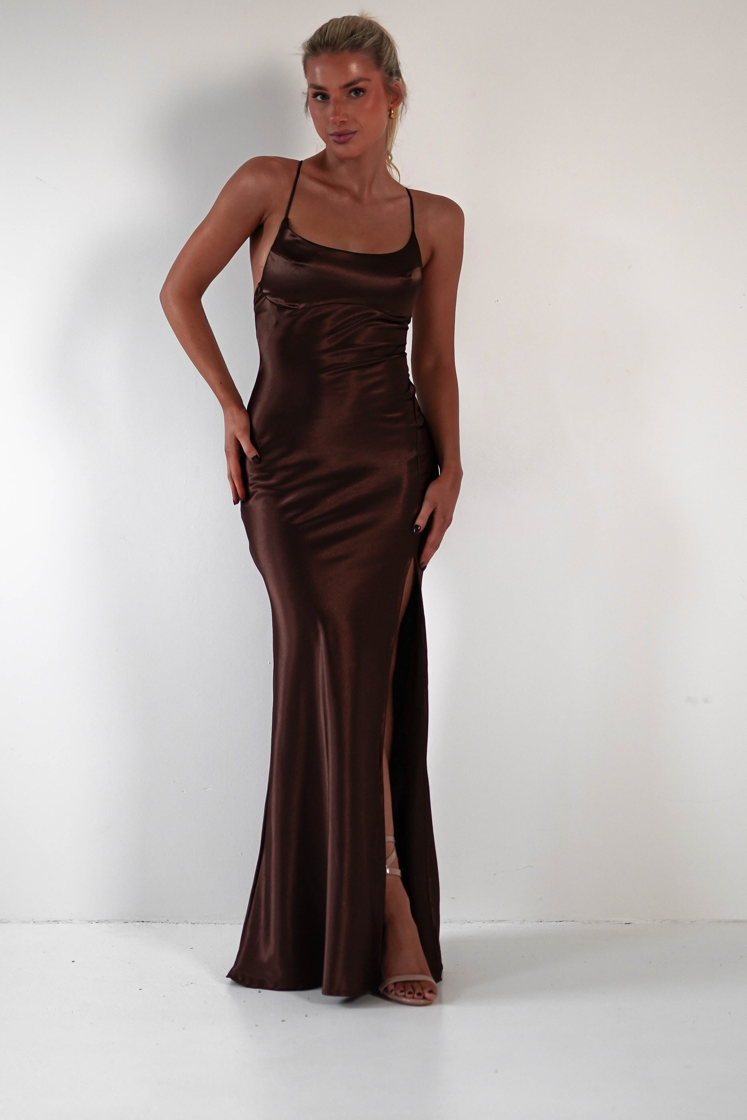 Celinee Satin Maxi Gown | Brown | Oh Hello Clothing | XS (6)
