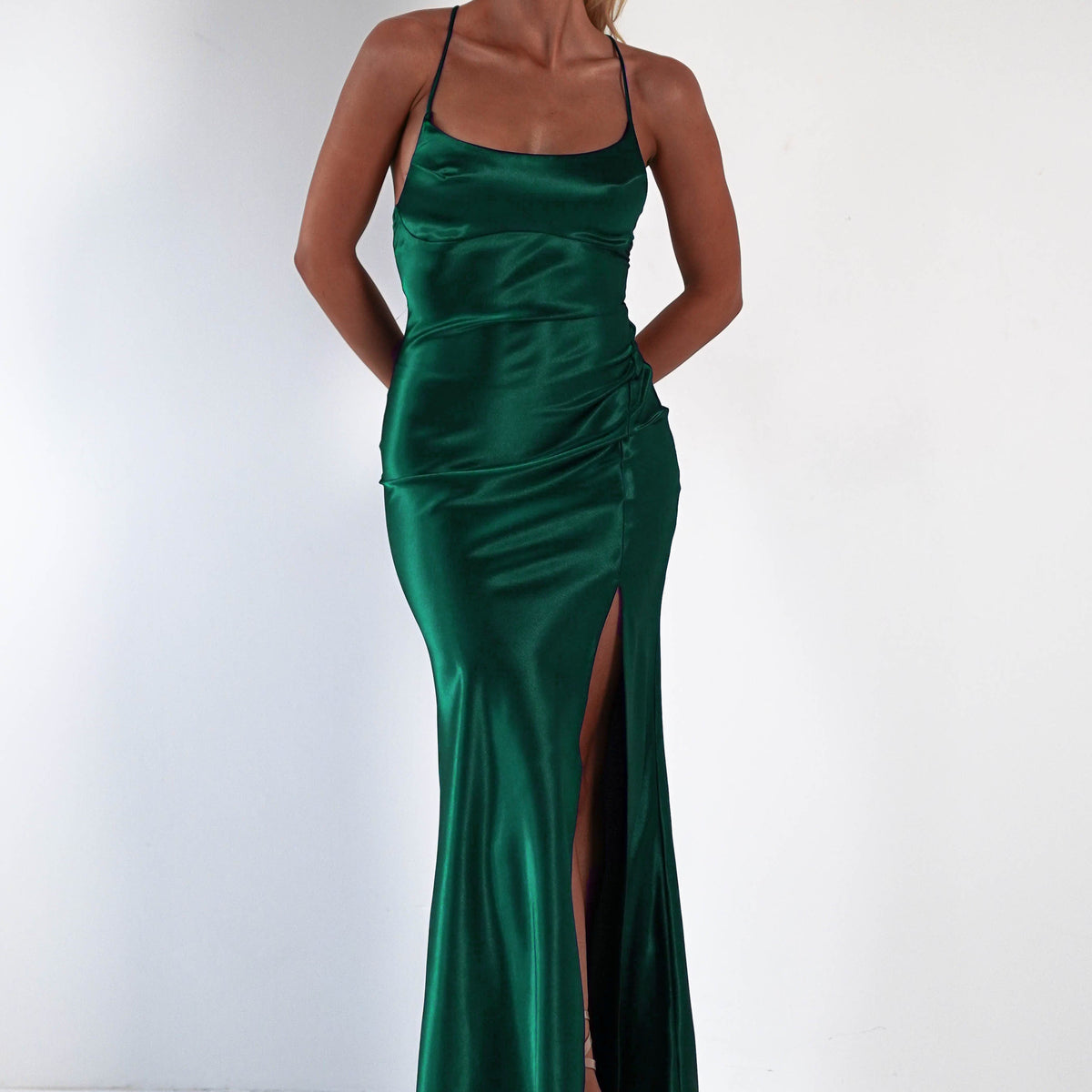 Celinee Satin Maxi Gown | Emerald Green | Debs & Prom