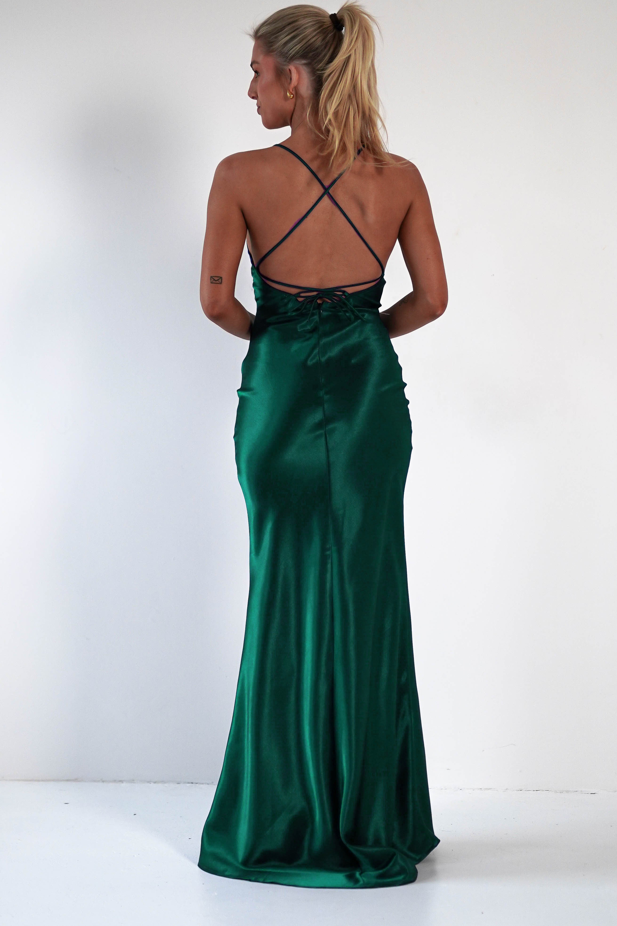Celinee Satin Maxi Gown | Emerald Green | Oh Hello Clothing | XS (6)