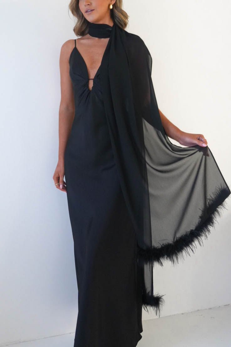 black dress with shawl Chelle Chiffon Wrap Feather Trim More colors available FIT:Regular Black Mesh Cut Out mayday