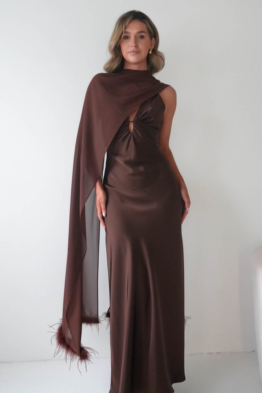 Oh Hello Clothing S (8) Chelle Chiffon Wrap Shawl With Feather Trim | Brown