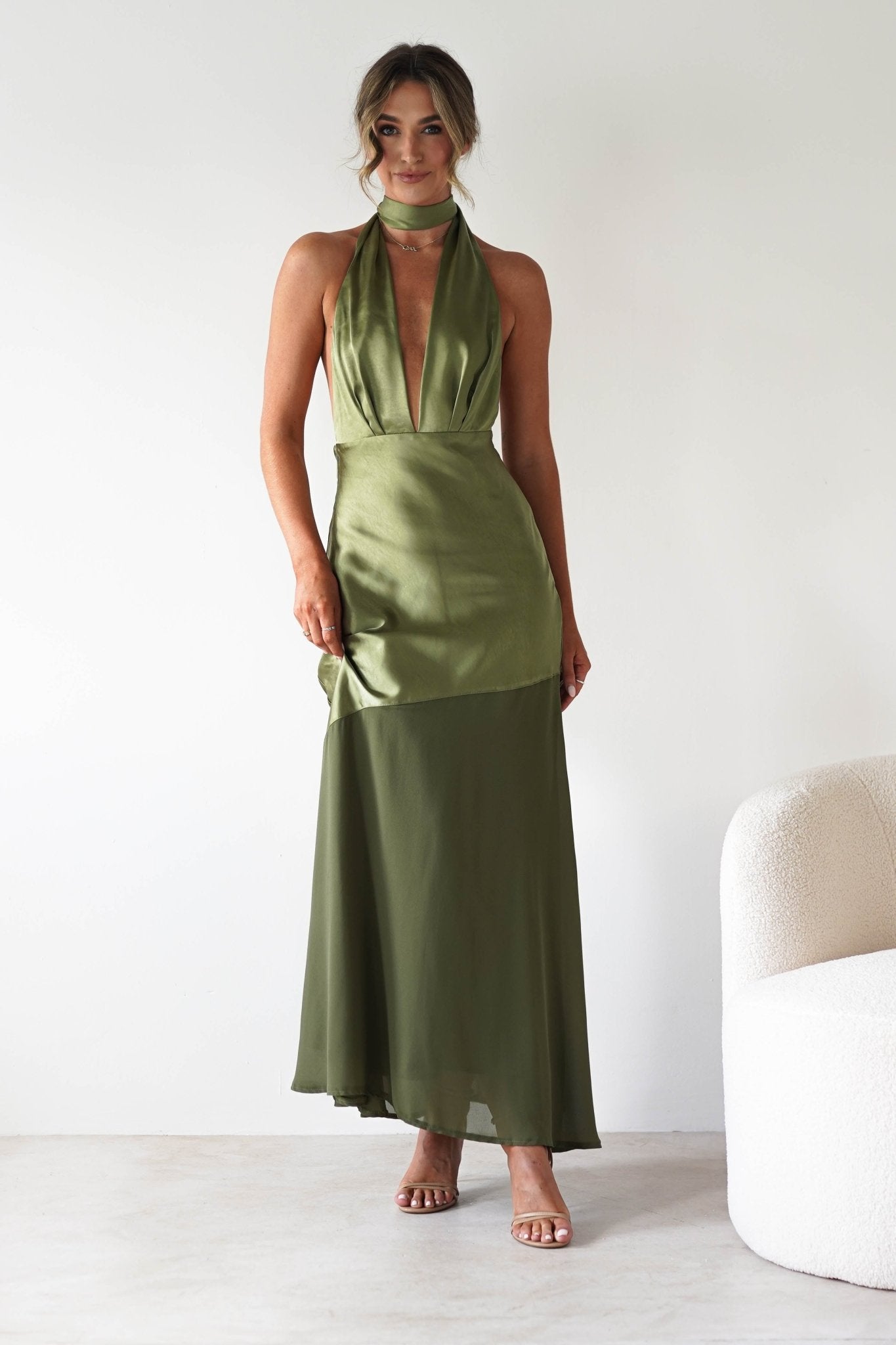 Cheree Silky Halterneck Maxi Dress | Olive | Oh Hello Clothing | XS (6)