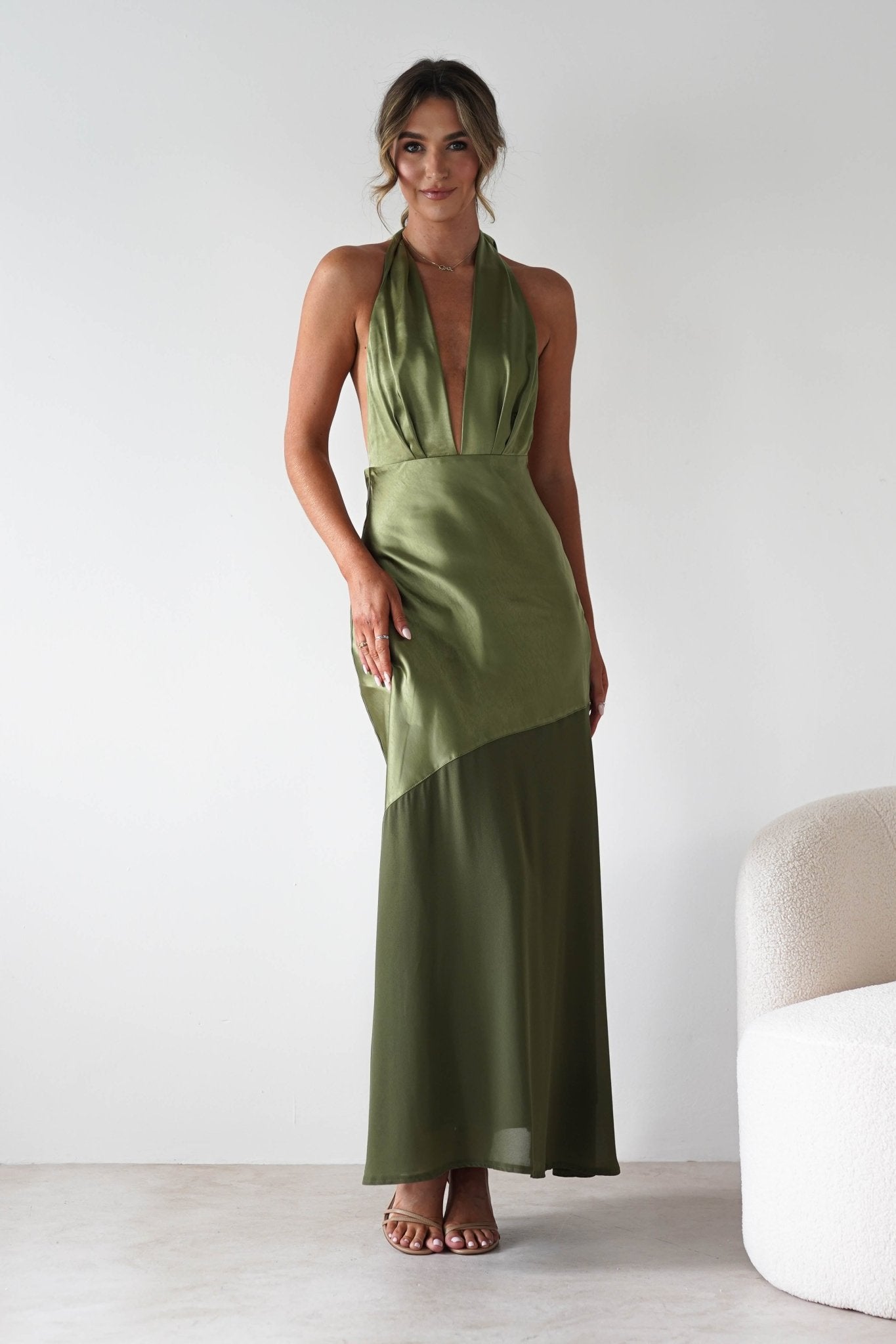 Cheree Silky Halterneck Maxi Dress | Olive | Oh Hello Clothing | XS (6)