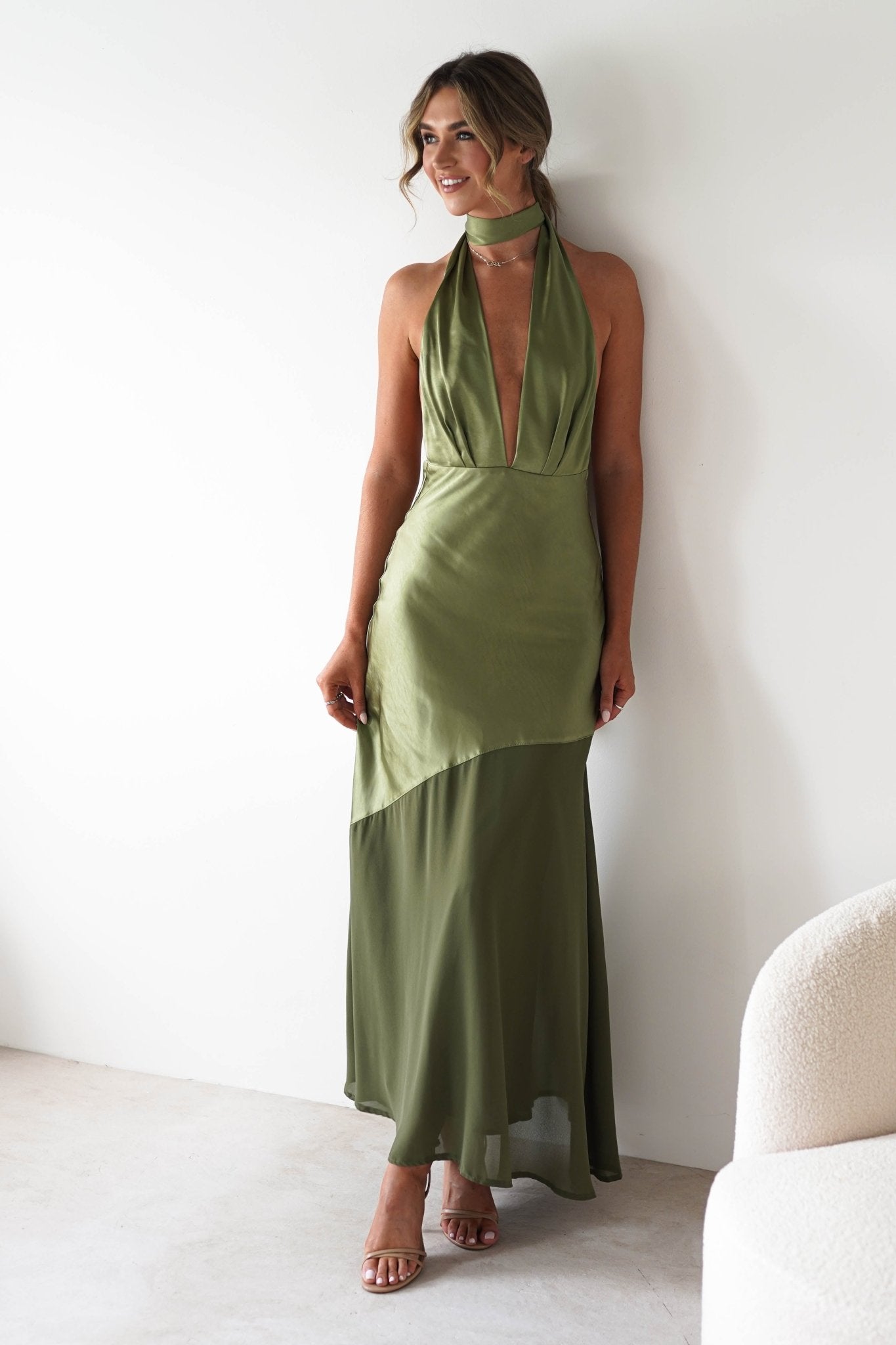 Cheree Silky Halterneck Maxi Dress | Olive | Oh Hello Clothing | XS (6)