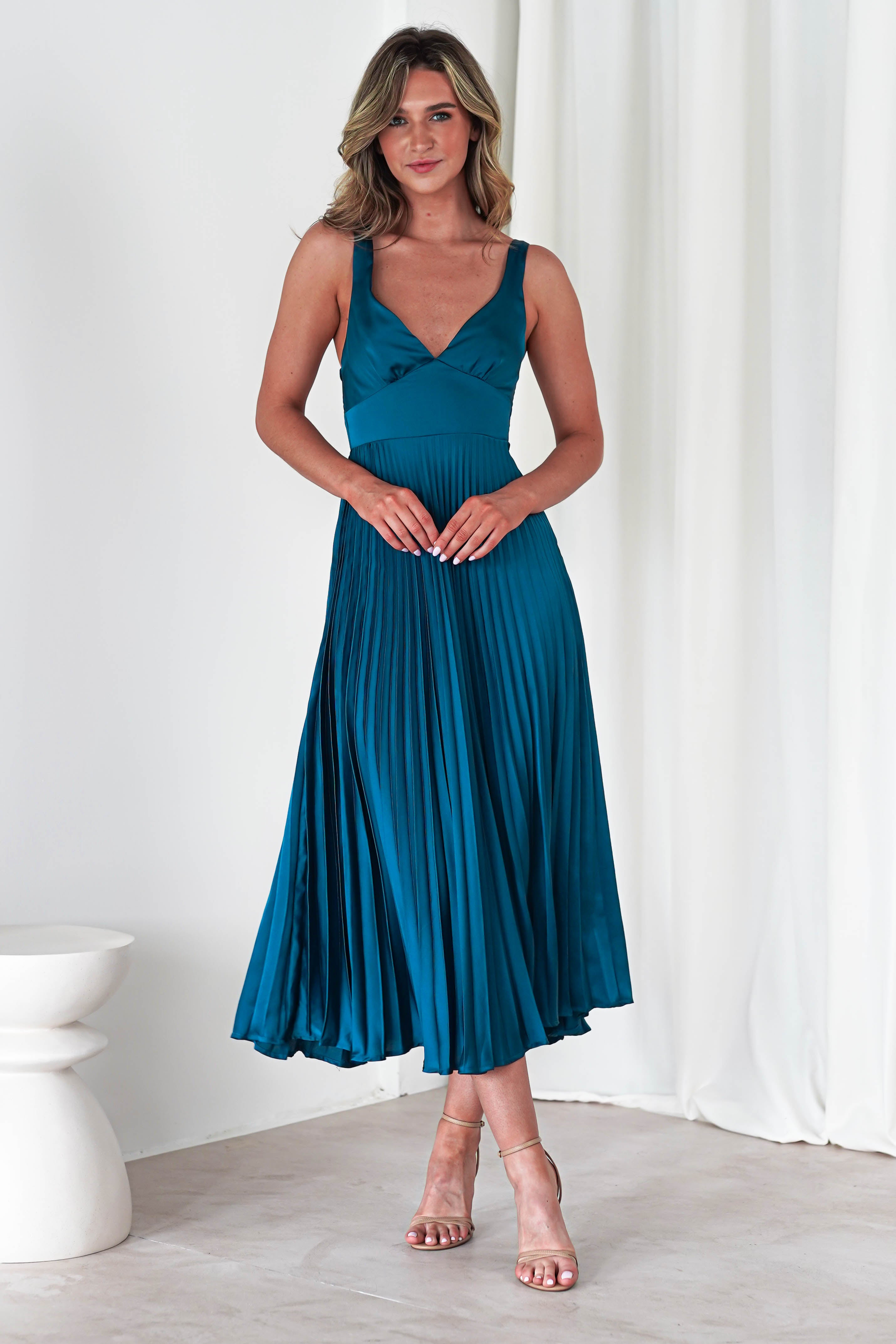 Cheri Pleated Midaxi Dress | Teal | Oh Hello Clothing