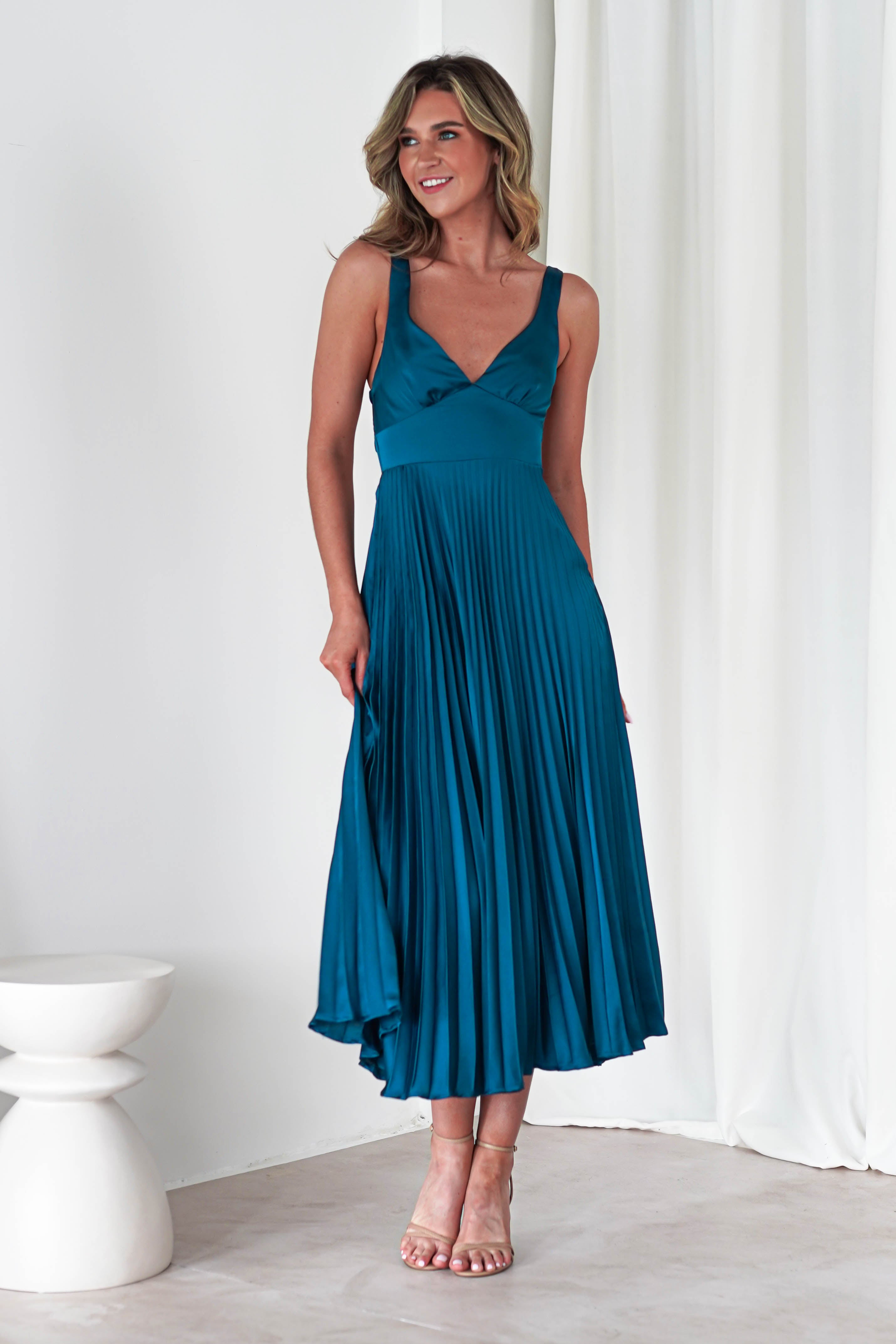 Cheri Pleated Midaxi Dress | Teal | Oh Hello Clothing