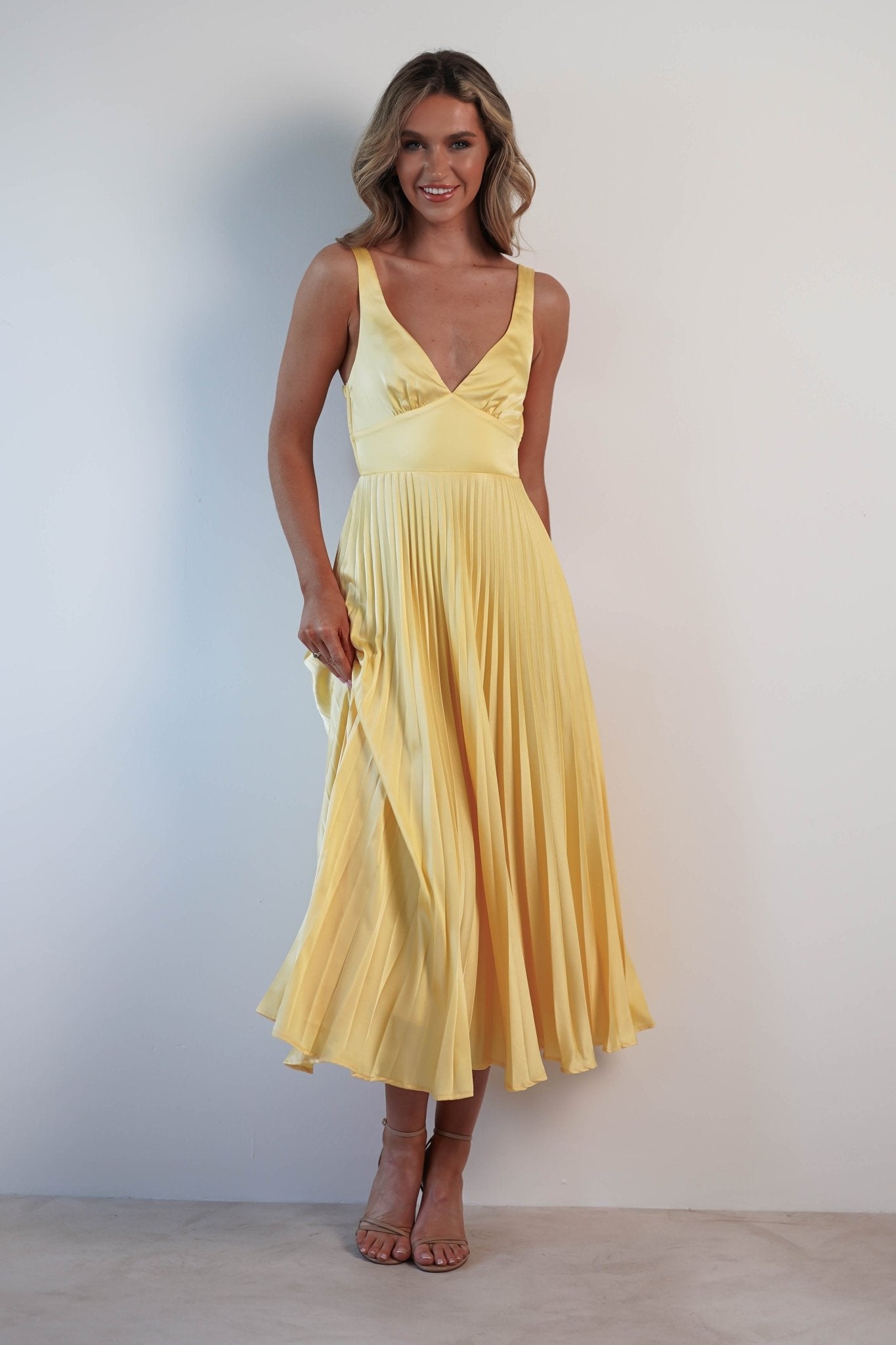 Cheri Pleated Midaxi Dress | Yellow | Oh Hello Clothing | XS (6)