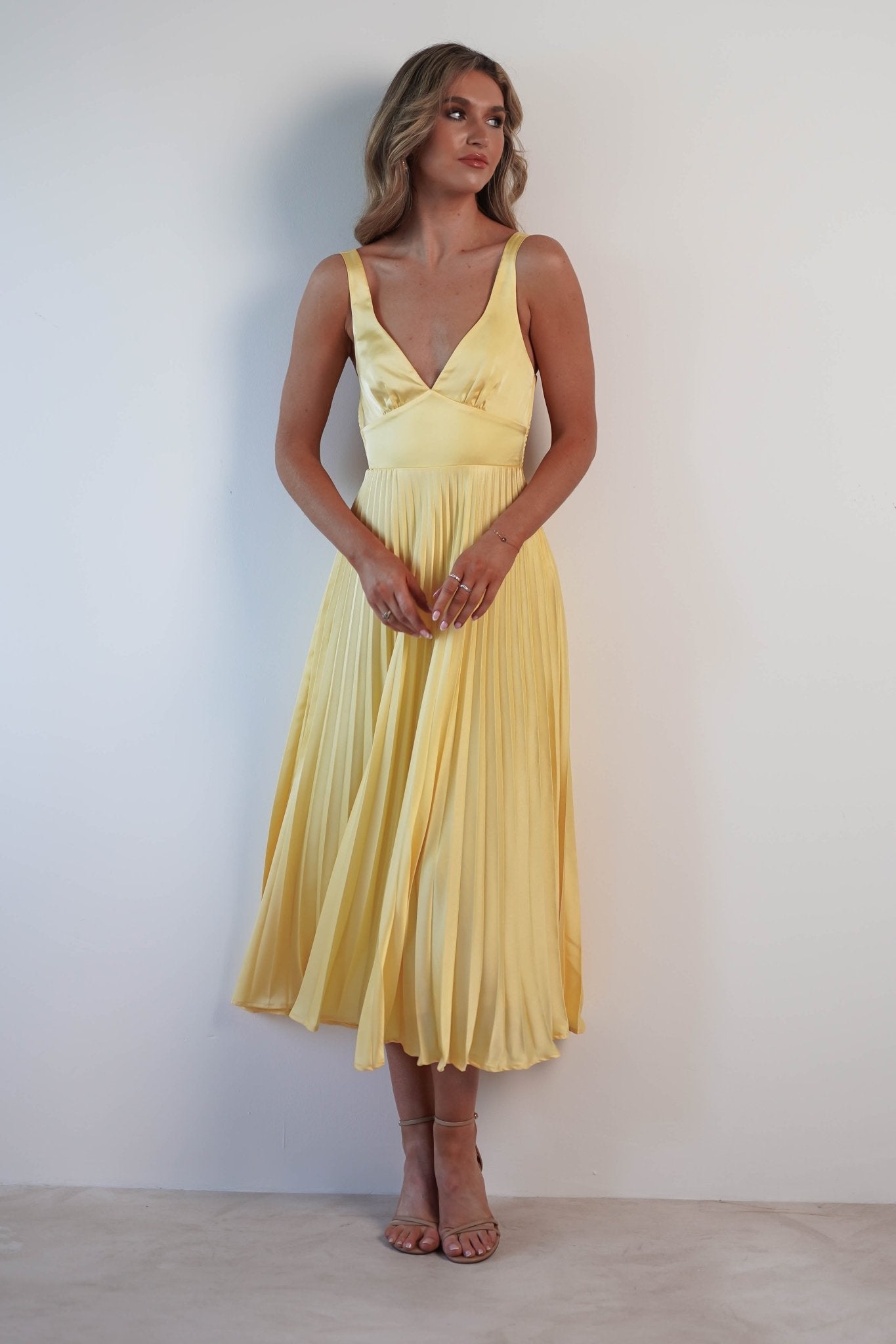 Cheri Pleated Midaxi Dress | Yellow | Oh Hello Clothing | XS (6)