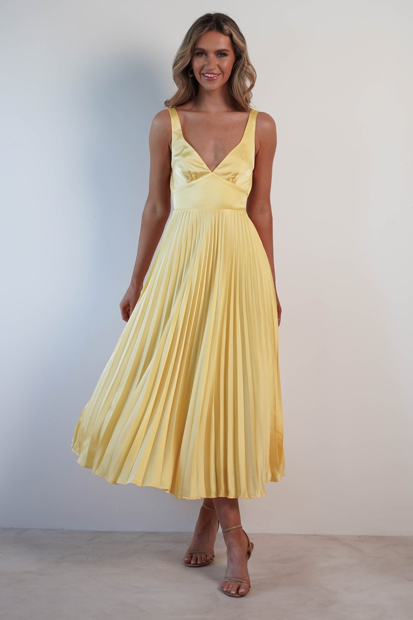 Cheri Pleated Midaxi Dress | Yellow | Oh Hello Clothing | XS (6)