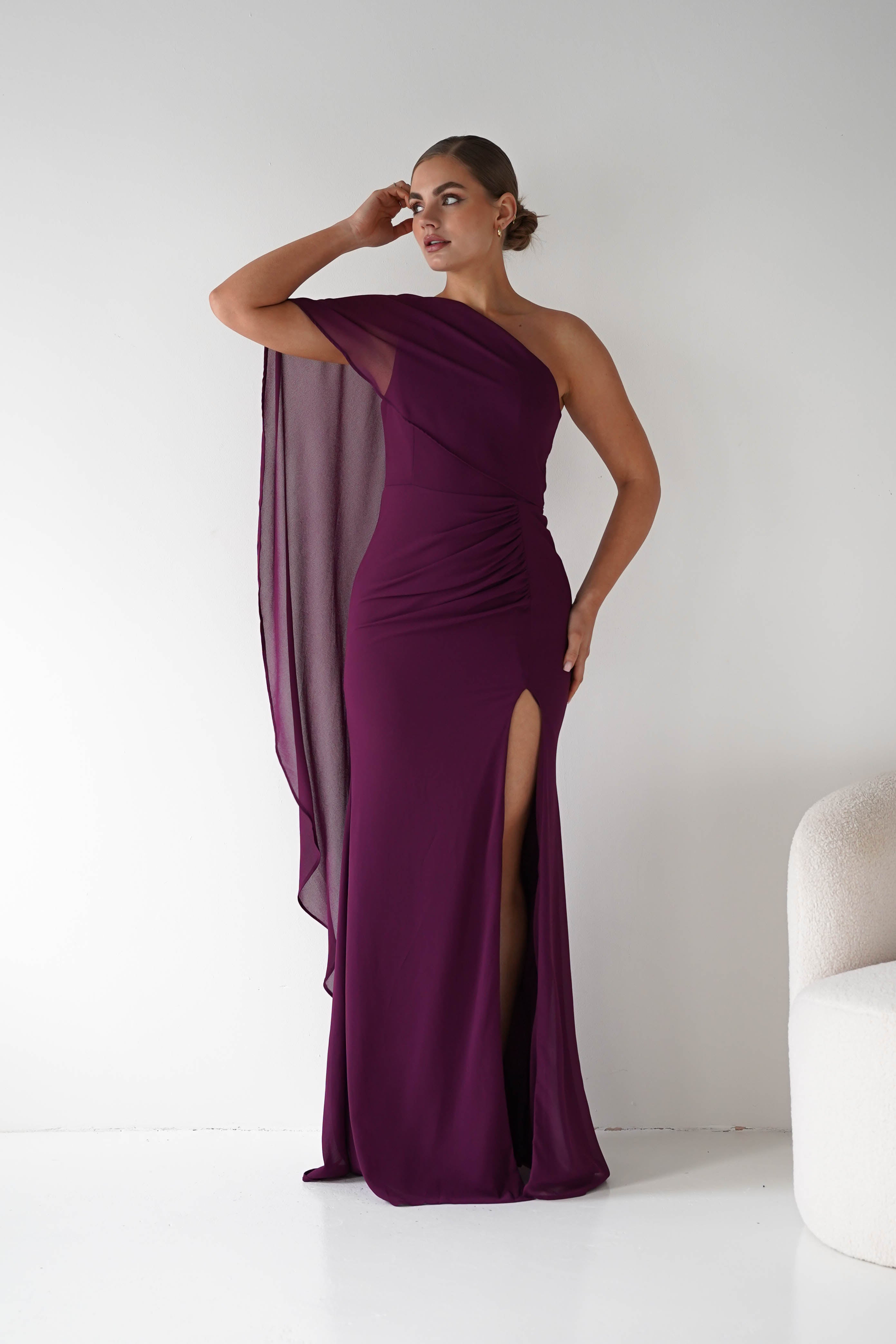 Oh Hello Clothing Women > Clothing > Dresses Criselda One Shoulder Chiffon Maxi Dress | Plum