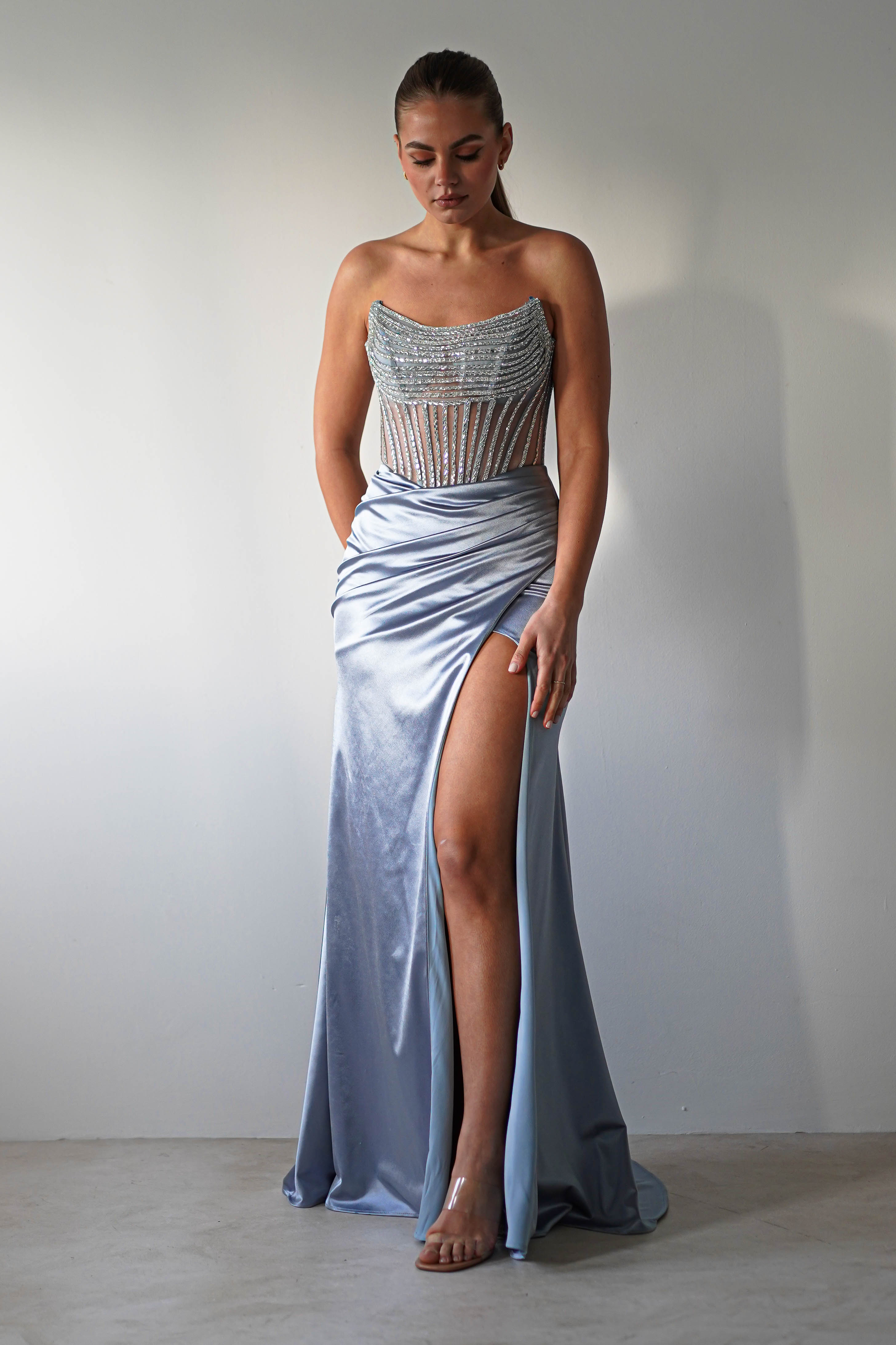 Crystal Bodycon Embellished Gown | Blue - Oh Hello Clothing