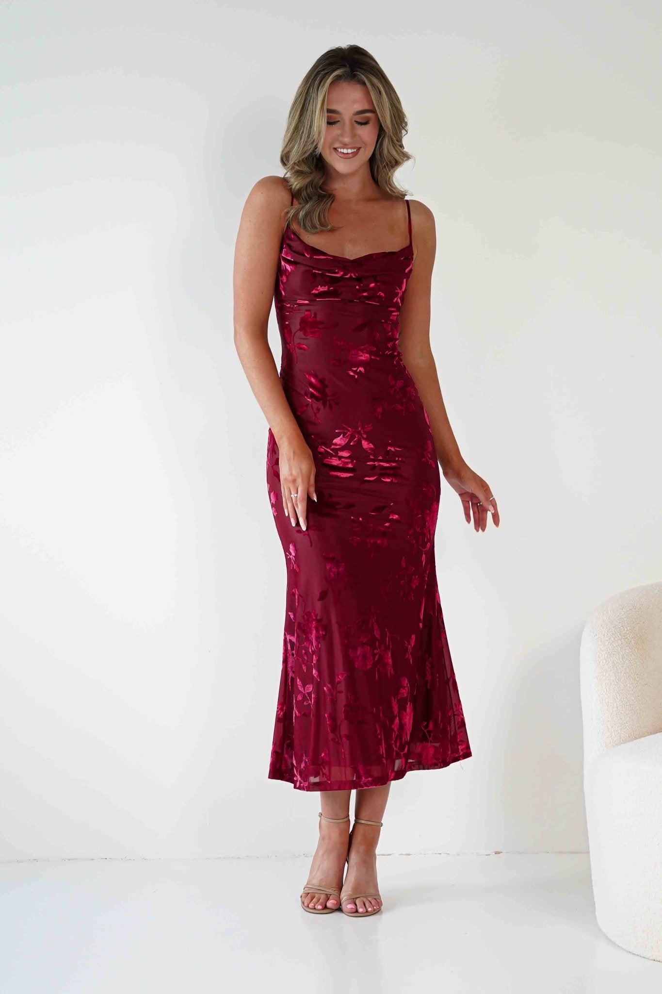 Dahlia Floral Jacquard Maxi Dress | Wine | Oh Hello Clothing | XS (6)