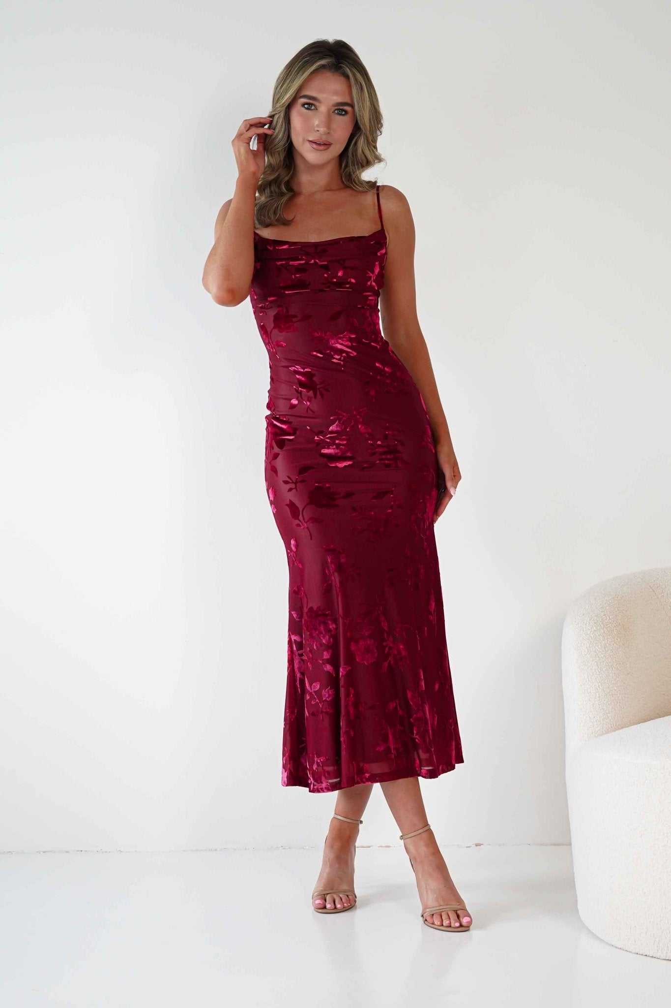 Dahlia Floral Jacquard Maxi Dress | Wine | Oh Hello Clothing | XS (6)