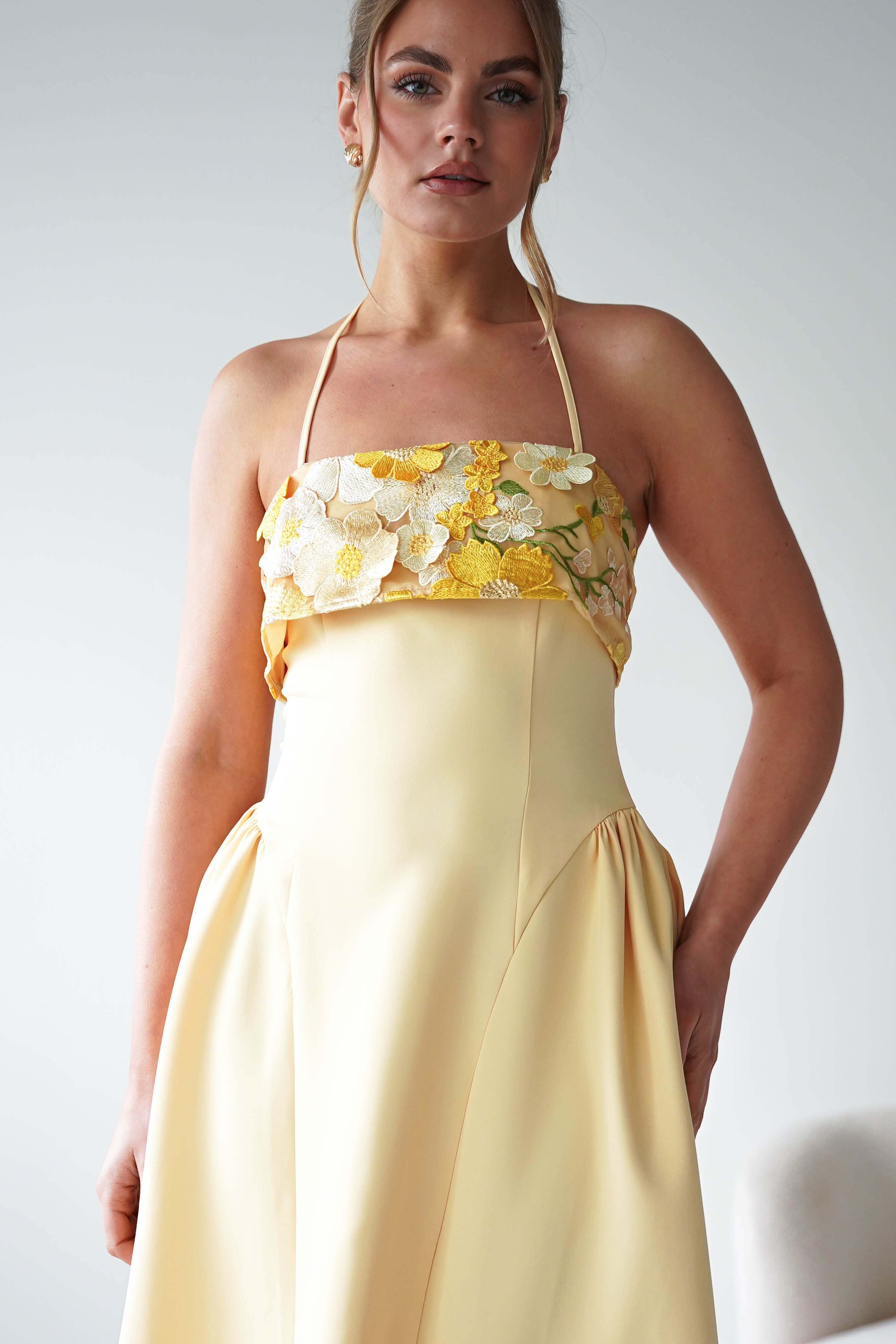 Oh Hello Clothing Women > Clothing > Dresses Daphne Embroidered Floral Midaxi Dress | Yellow