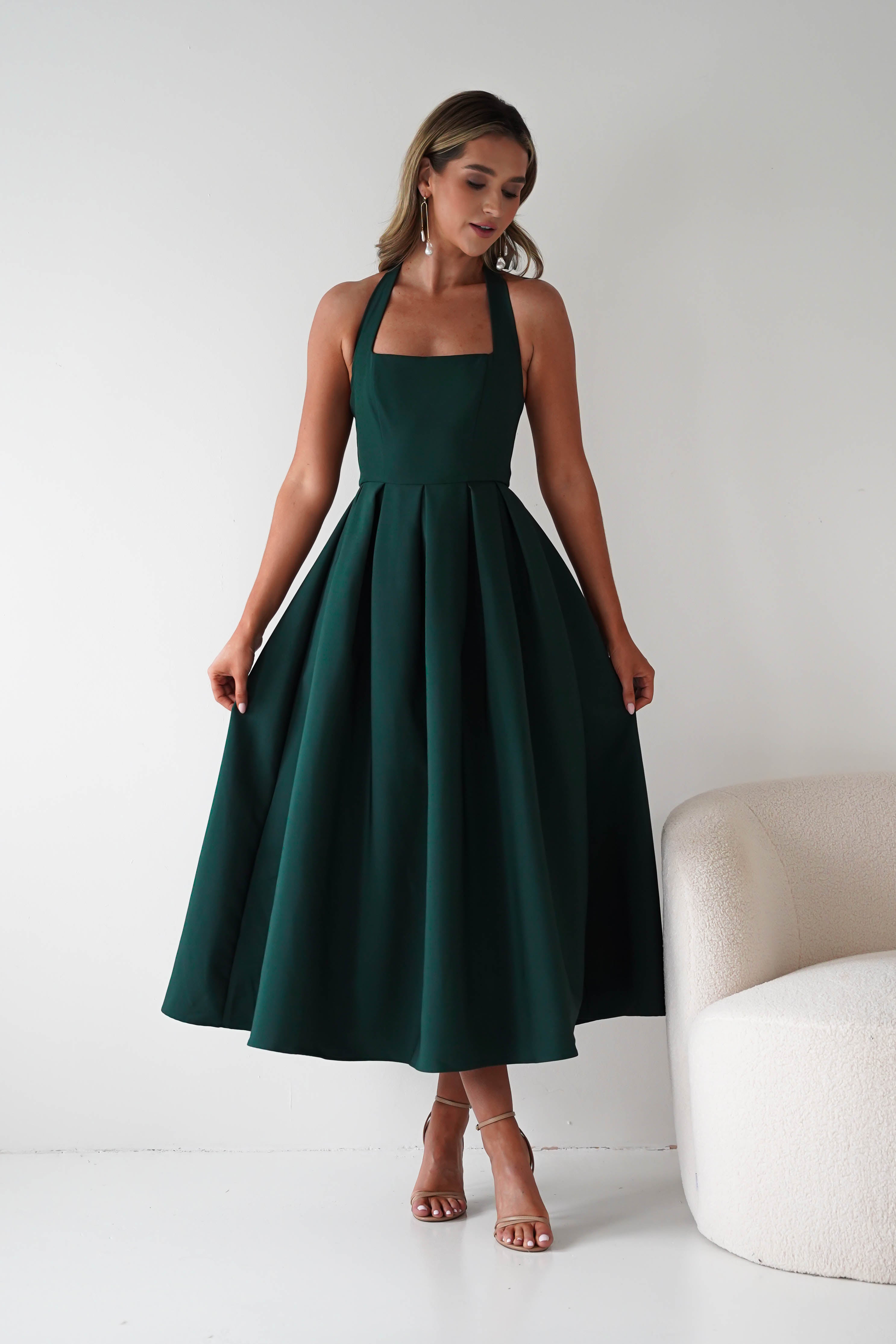 Oh Hello Clothing Dresses Daria Halter Neck Midi Dress | Forest Green