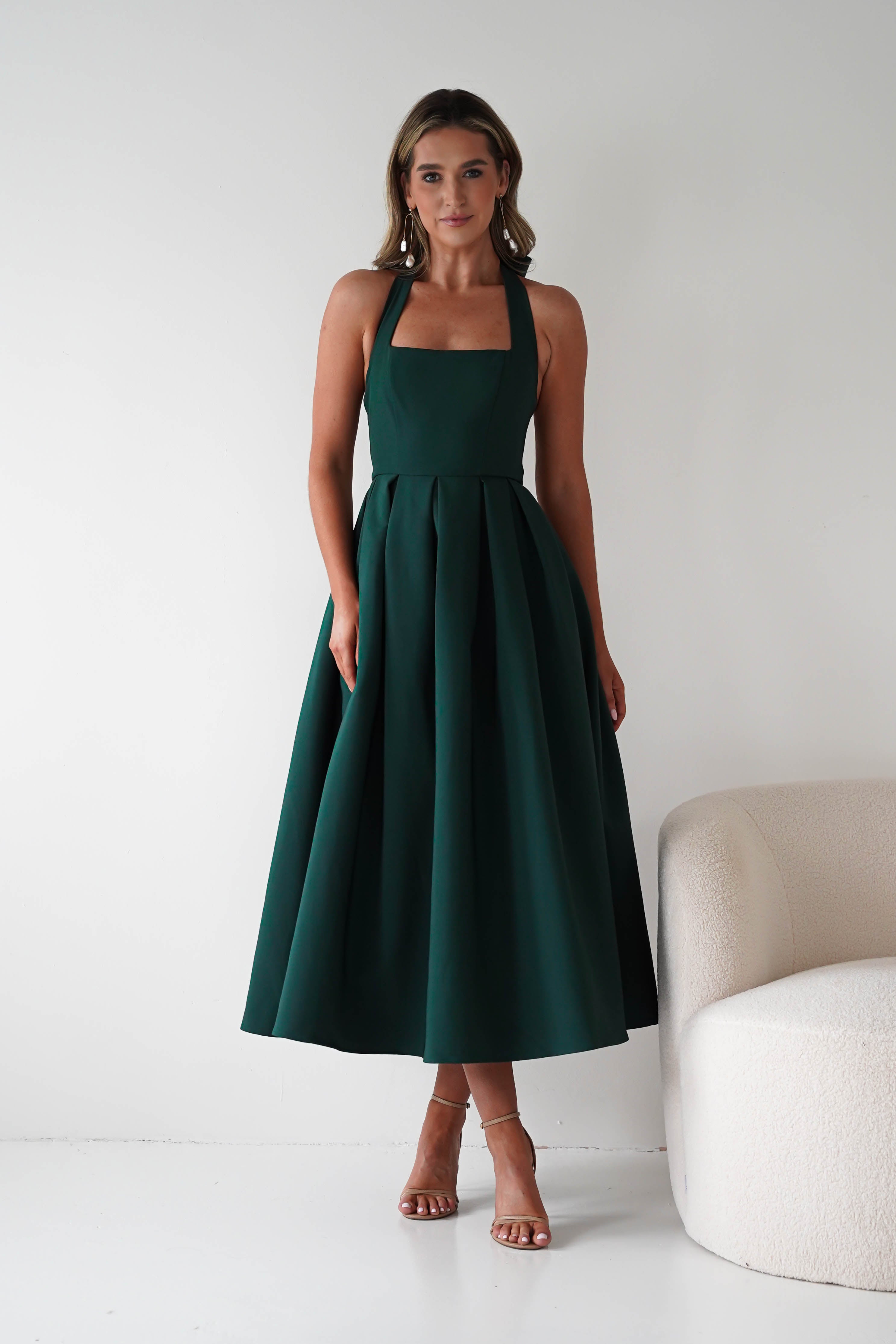 Oh Hello Clothing Dresses Daria Halter Neck Midi Dress | Forest Green