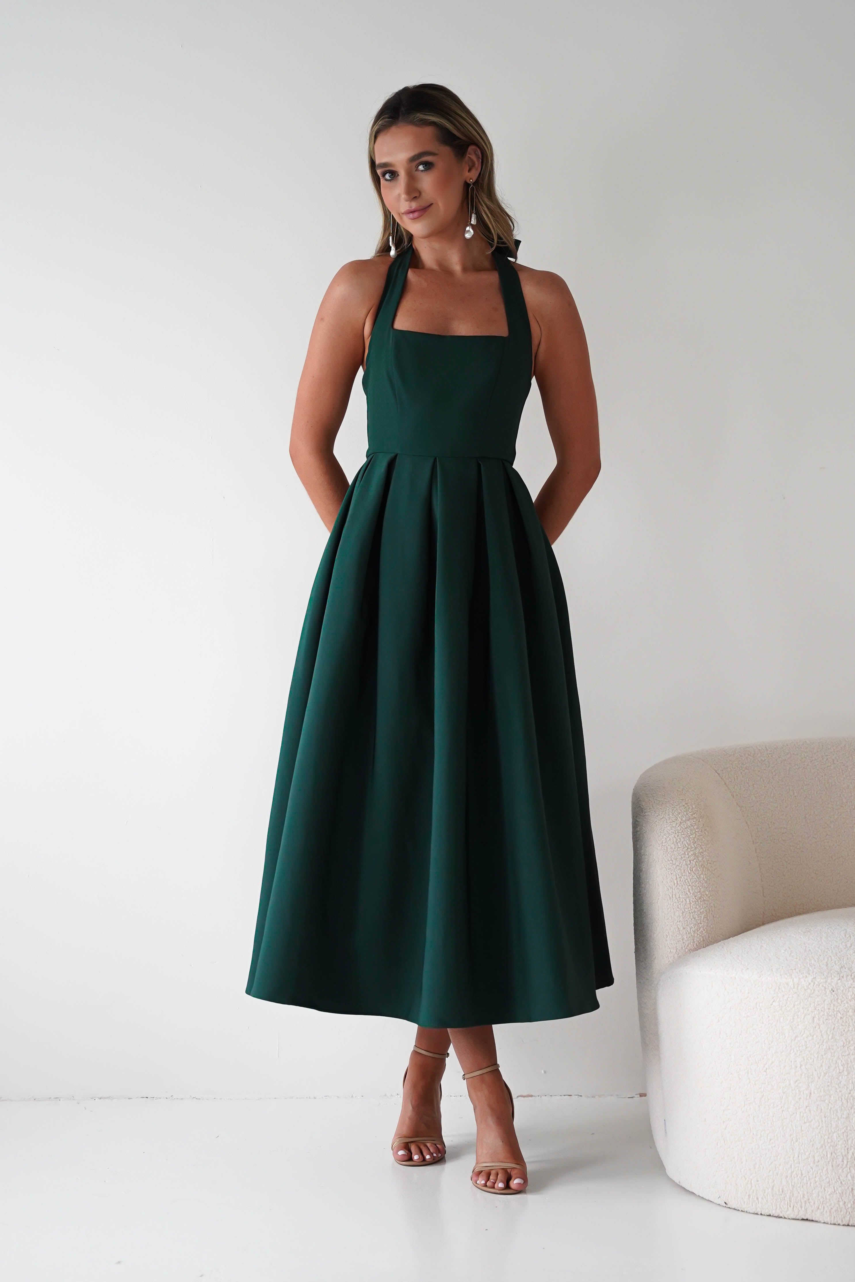 Oh Hello Clothing Dresses Daria Halter Neck Midi Dress | Forest Green