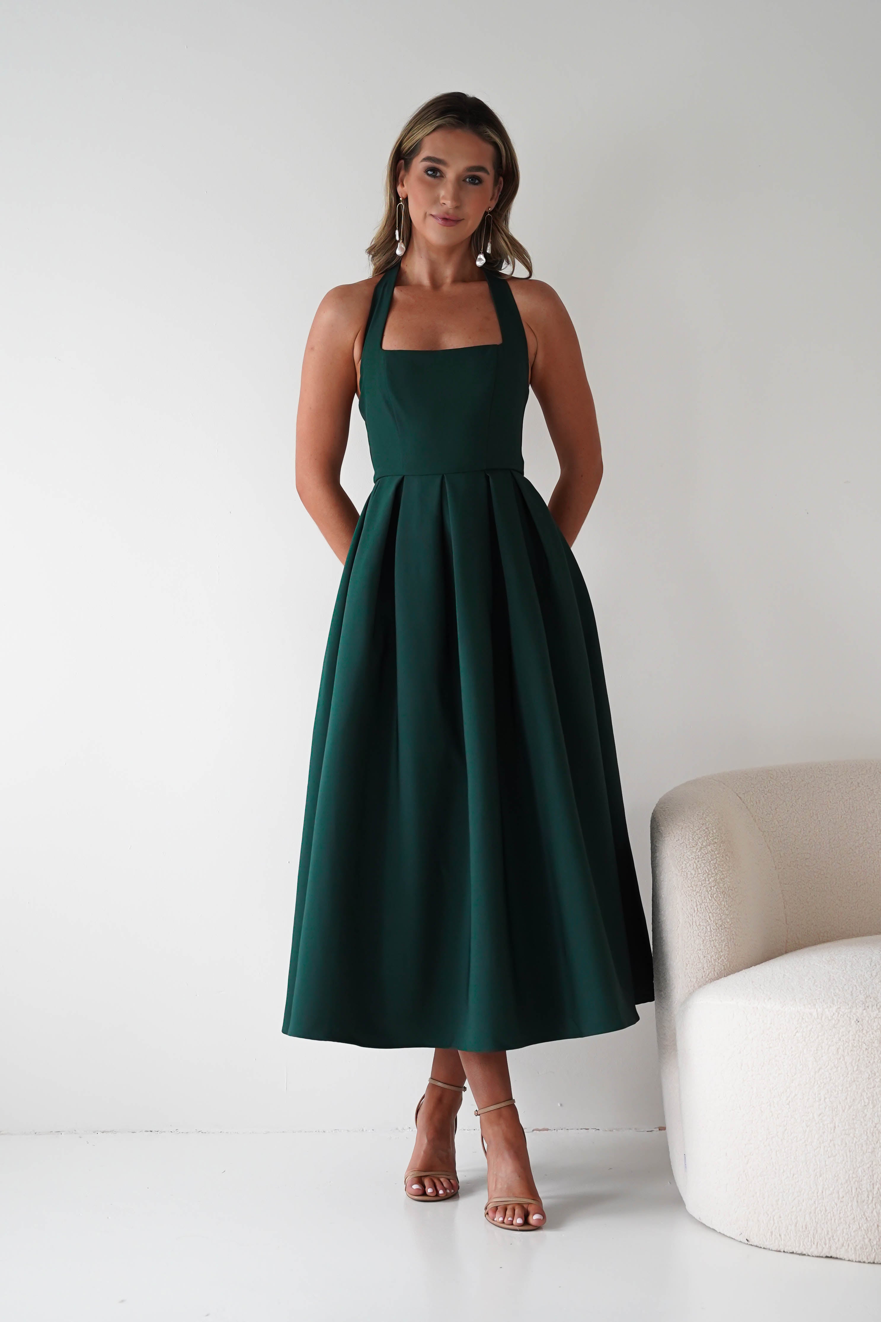 Oh Hello Clothing Dresses Daria Halter Neck Midi Dress | Forest Green