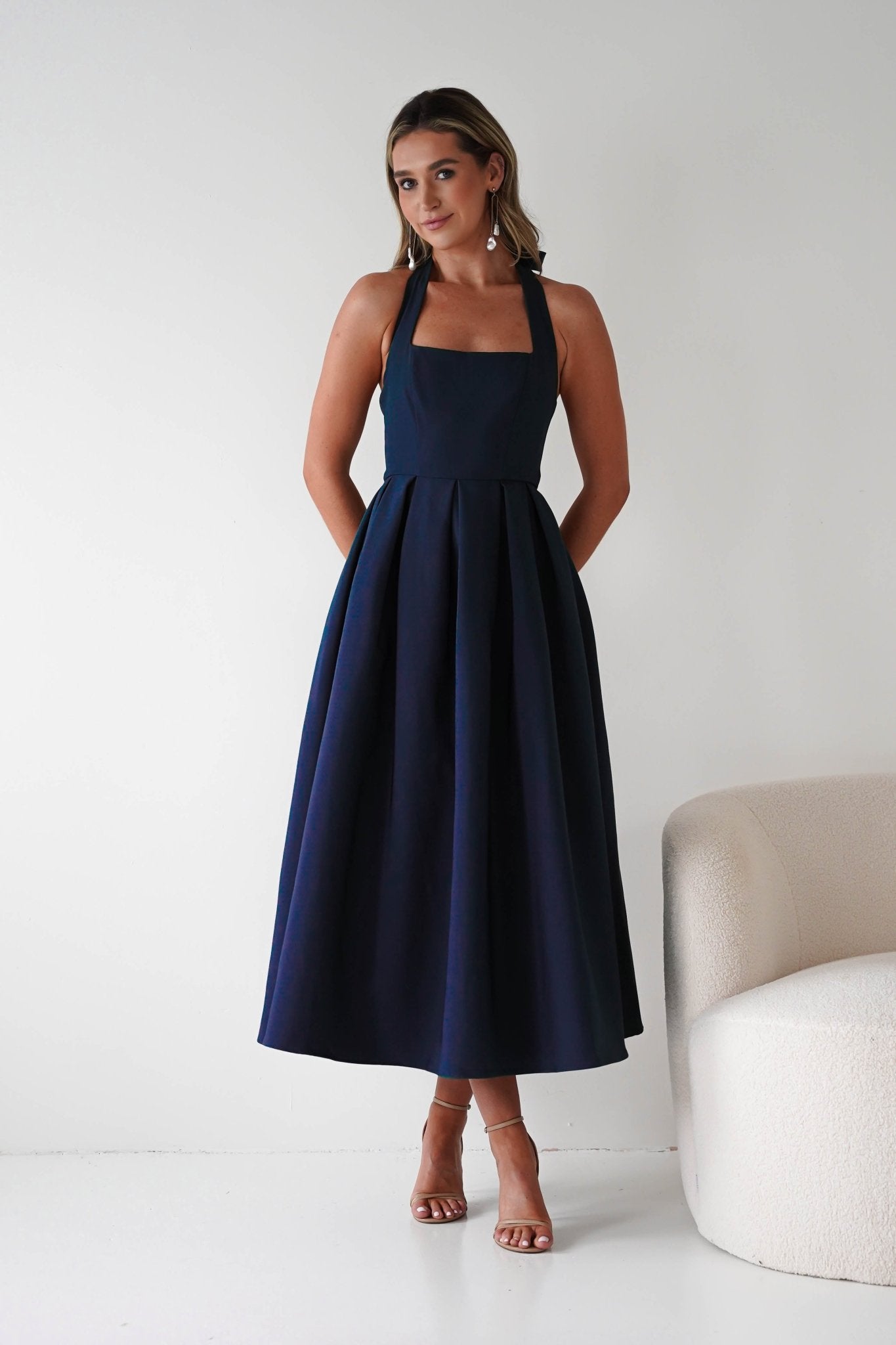 halter top navy blue dress Daria Neck Midi Blue Satin Royal Blue this dress offers a category:Best Sellers - Bed and Bath Colour:Black patent calfskin