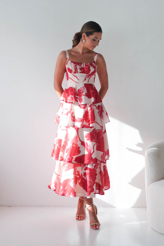 Oh Hello Clothing Women > Clothing > Dresses Denisa Floral Print Ruffle Maxi Dress | Red