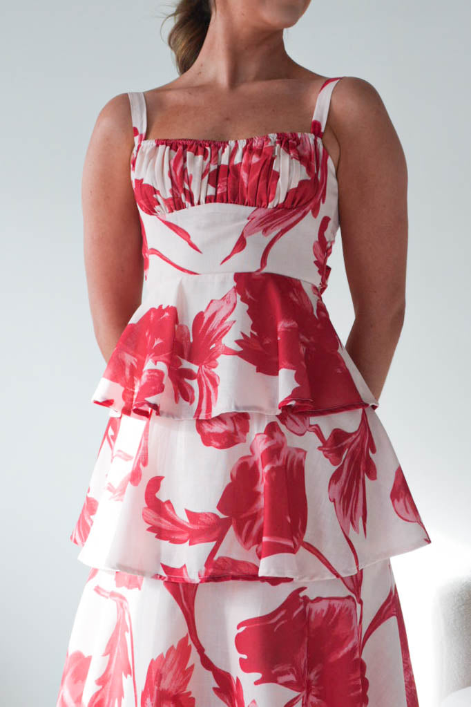 Oh Hello Clothing Women > Clothing > Dresses Denisa Floral Print Ruffle Maxi Dress | Red