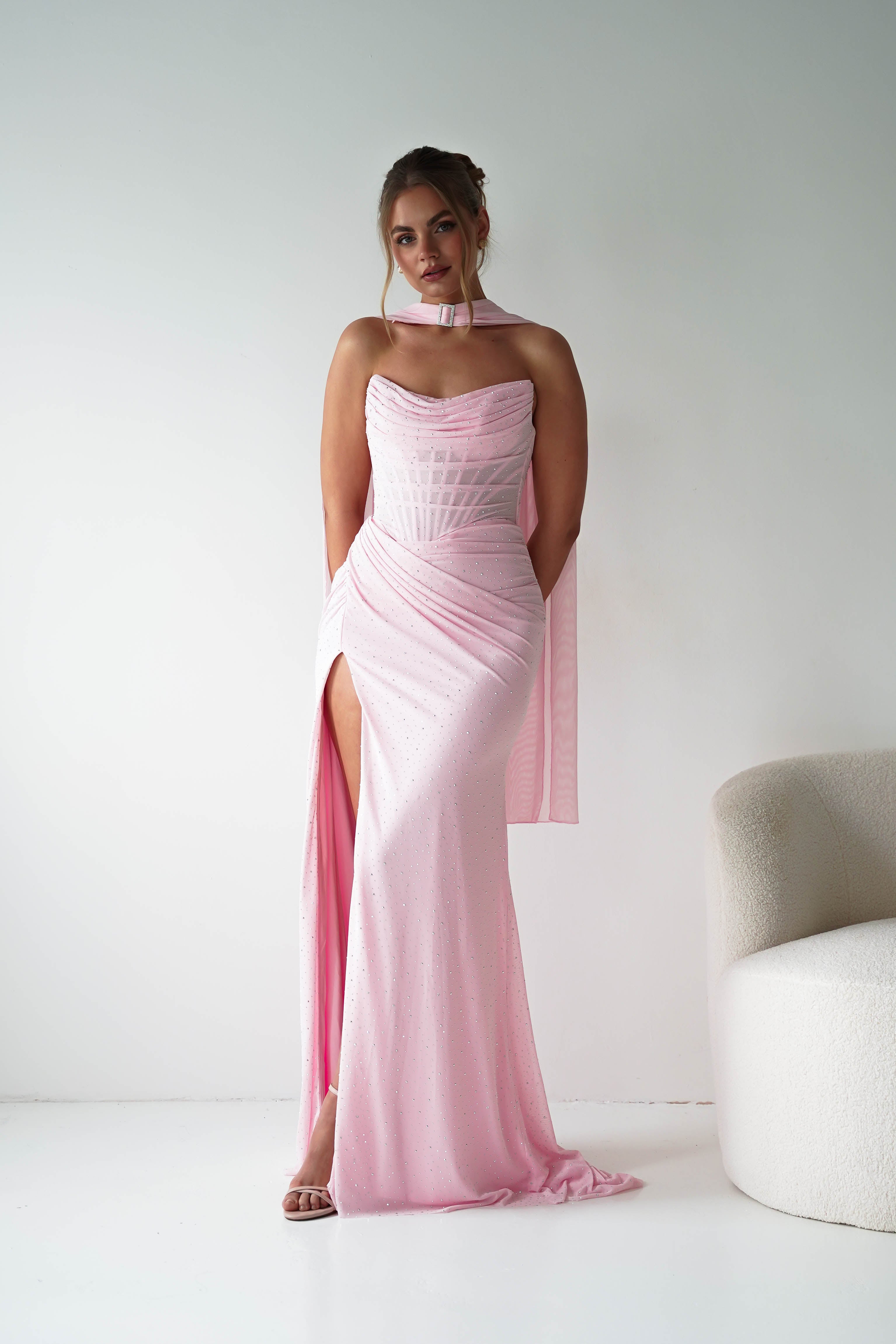 Oh Hello Clothing Dresses > Prom Dresses Diana Draped Strapless Rhinestone Gown | Pink