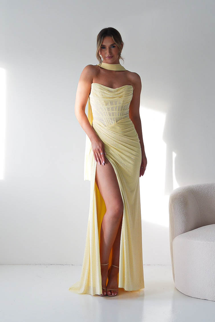 gold rhinestone prom dress Diana Draped Strapless Gown Size:48 (5'3